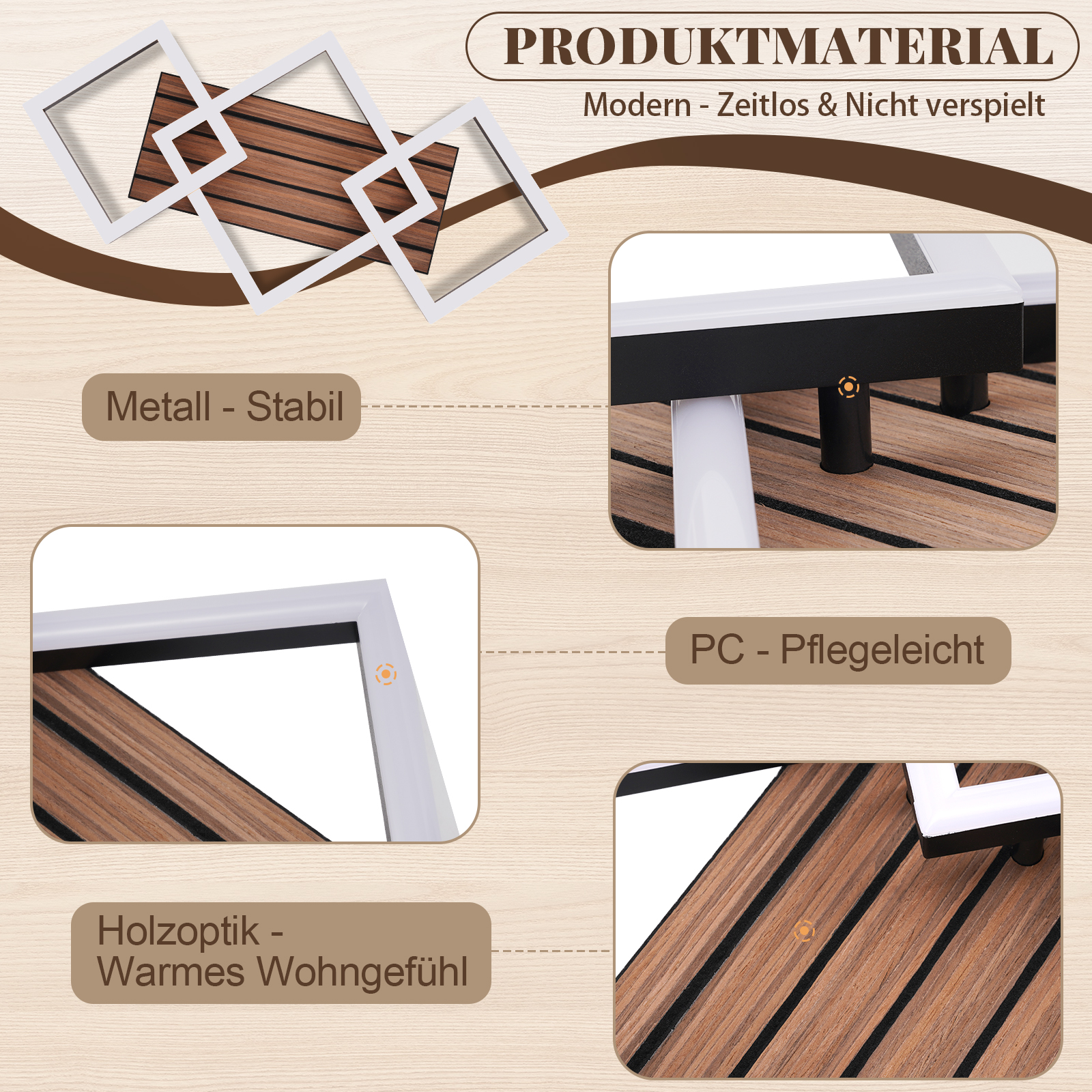Produktmaterial: Metall, PC, Holzoptik. Modern, stabil, pflegeleicht.