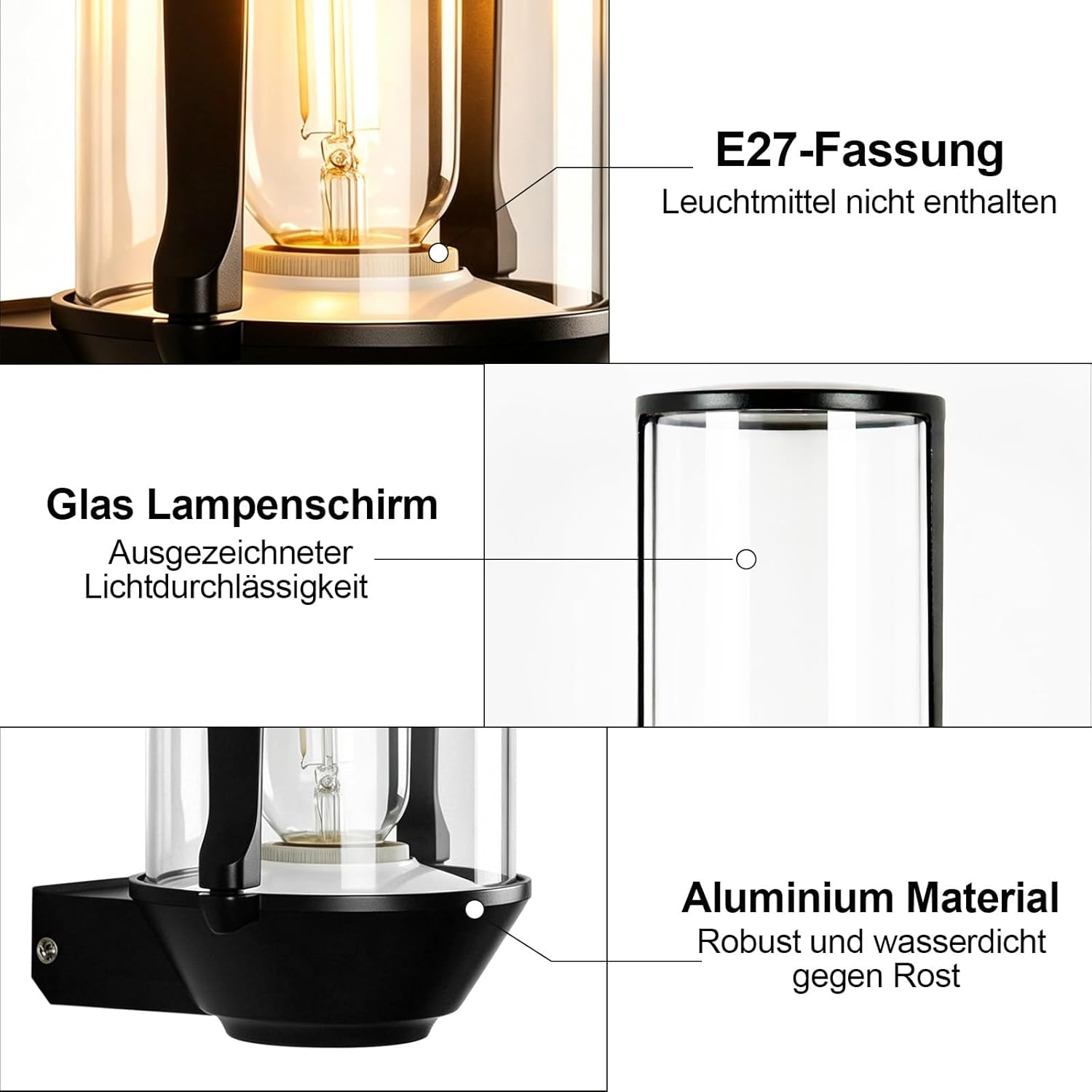 Nahaufnahme einer schwarzen Außenlaterne mit Glas, E27-Fassung und Aluminiummaterial.