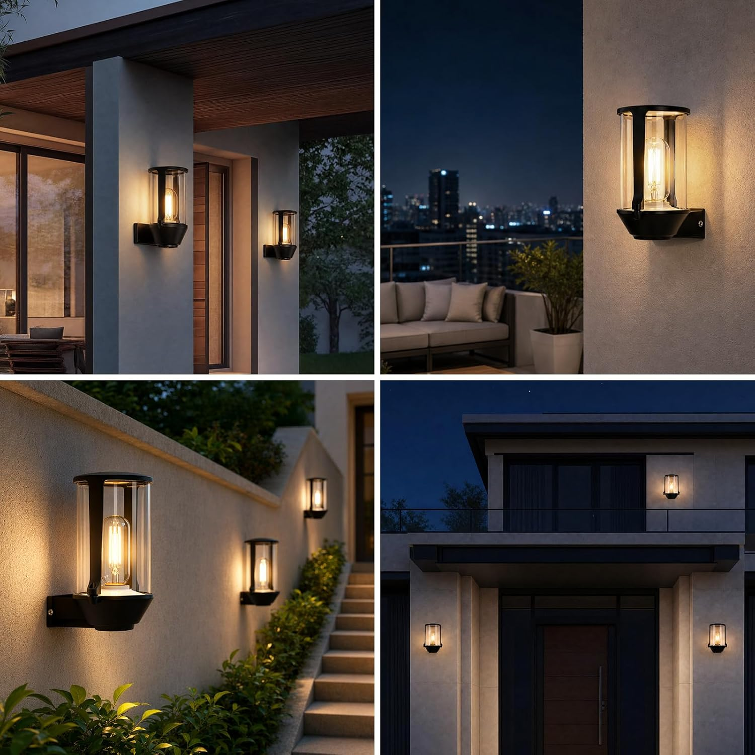 Moderne Außenwandleuchten beleuchten ein Haus und einen Garten bei Nacht.