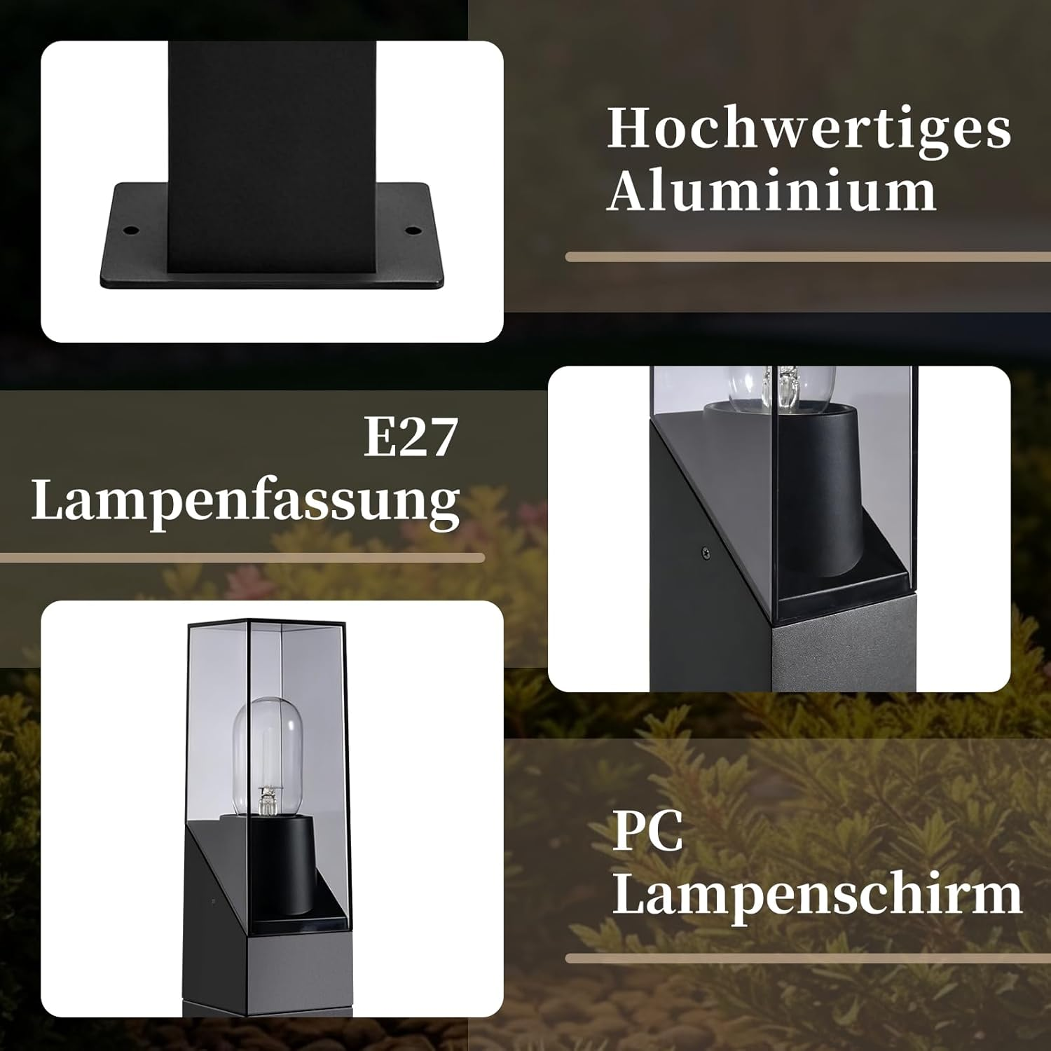 Zdjęcia produktu przedstawiają czarną lampę z gniazdem E27, aluminium i kloszem PC.