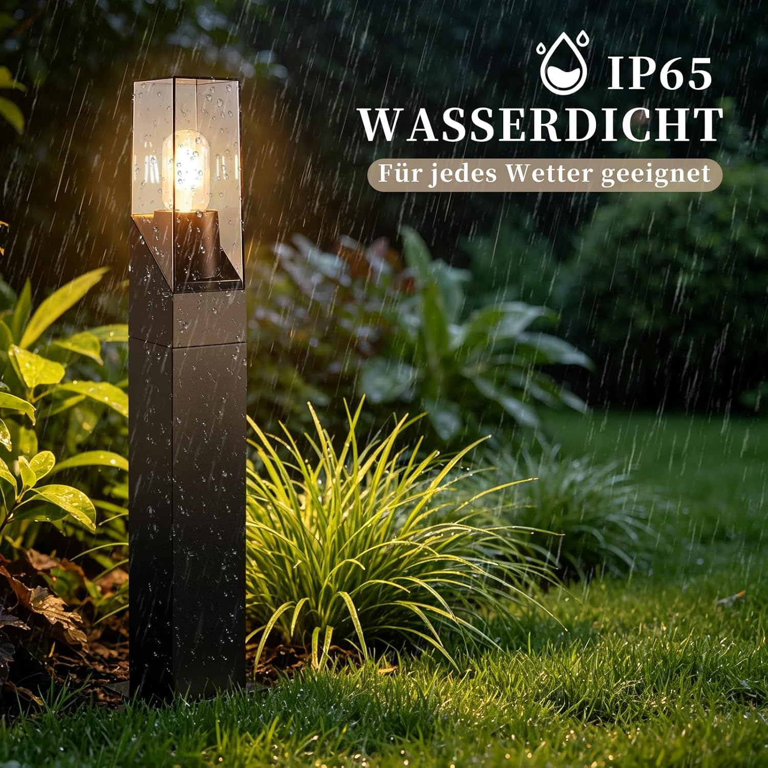 Nowoczesna lampa ogrodowa z żarówką w deszczu, wodoodporna IP65.