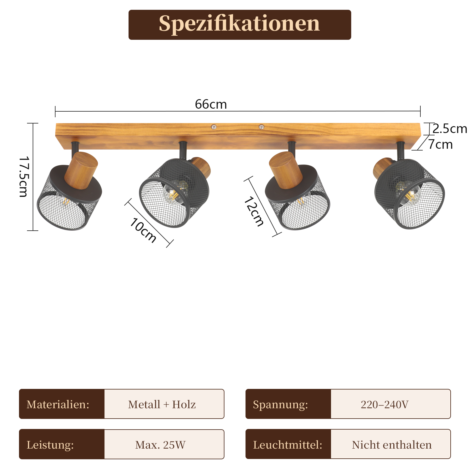 Lampa sufitowa z czterema regulowanymi spotami na drewnianej belce. Wymiary: 66x17.5cm.