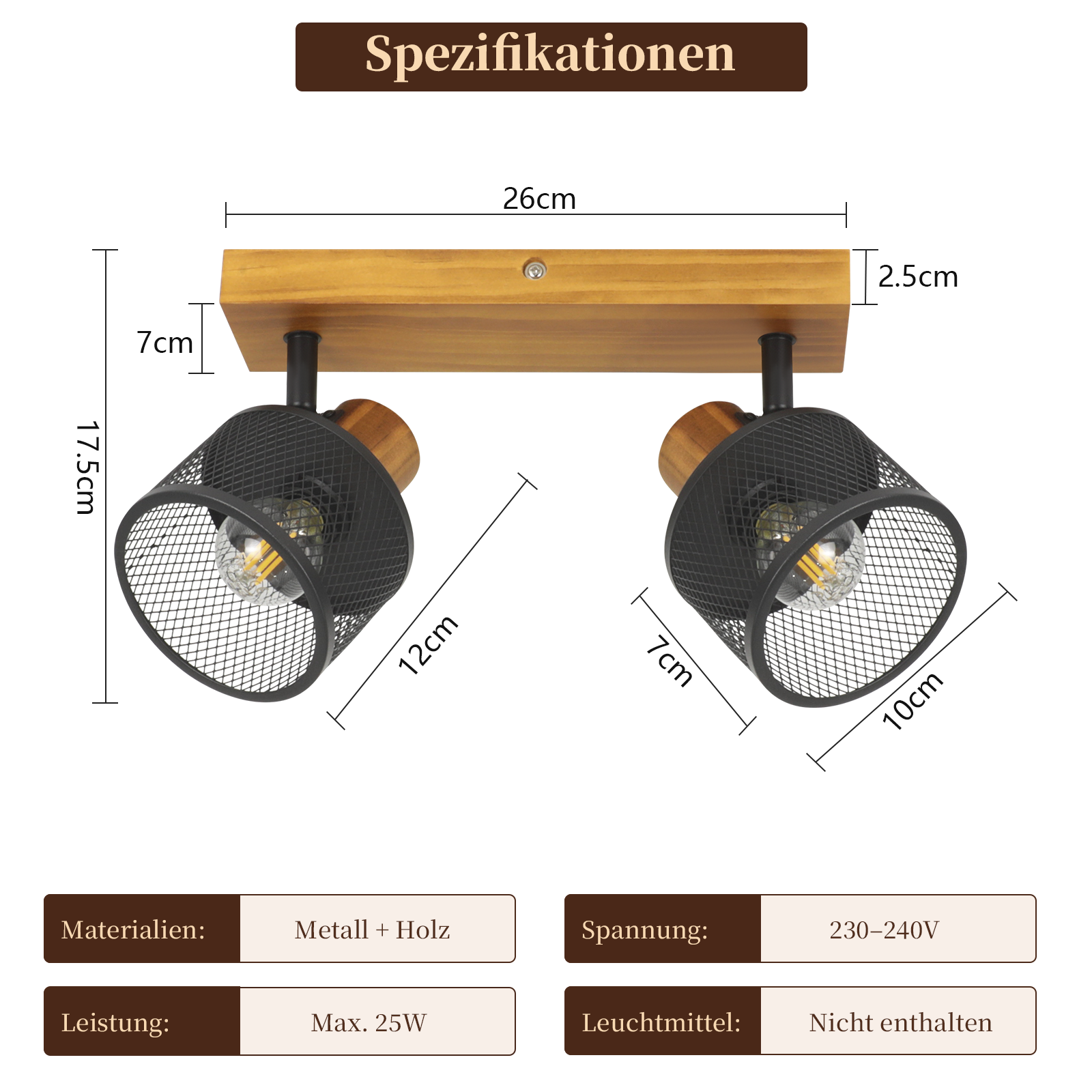 Deckenleuchte mit Holzsockel und zwei schwarzen Metallkörben.