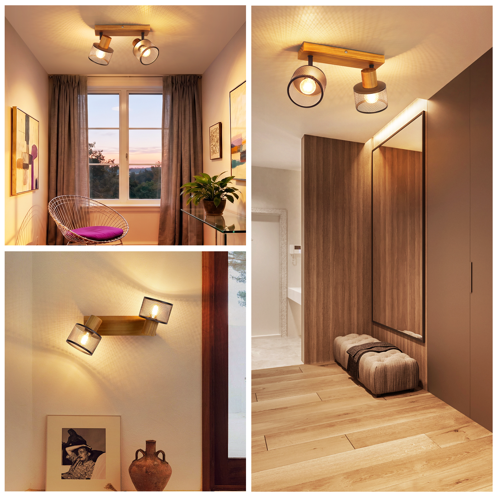 Holzdeckenlampe mit zwei verstellbaren Spots mit Gitterschirmen.
