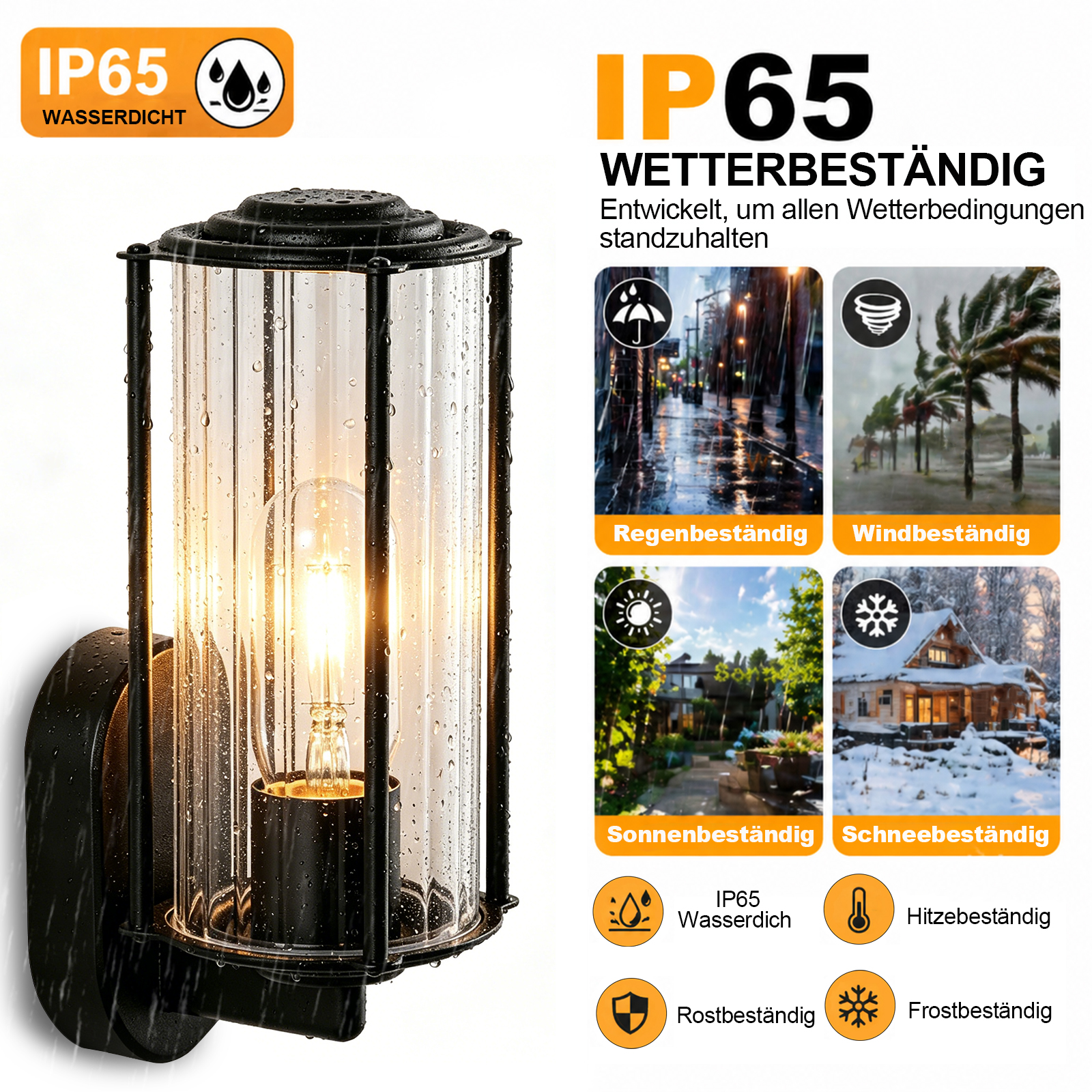 Eine schwarze Wandleuchte mit Glaszylinder, Glühbirne und Wassertropfen.