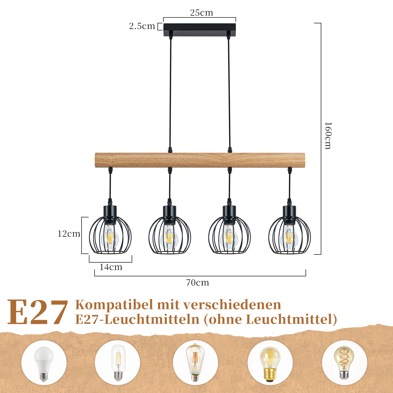 Lampa wisząca z drewnianym drążkiem i czterema lampami w kształcie klatki. Wymiary podane.