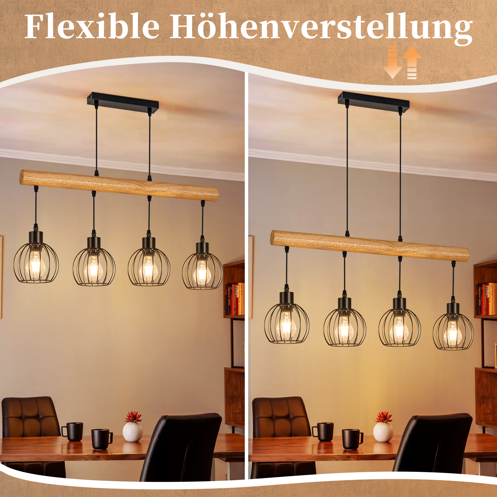 Lampa wisząca z drewnianym drążkiem i czterema kloszami z drutu nad drewnianym stołem.