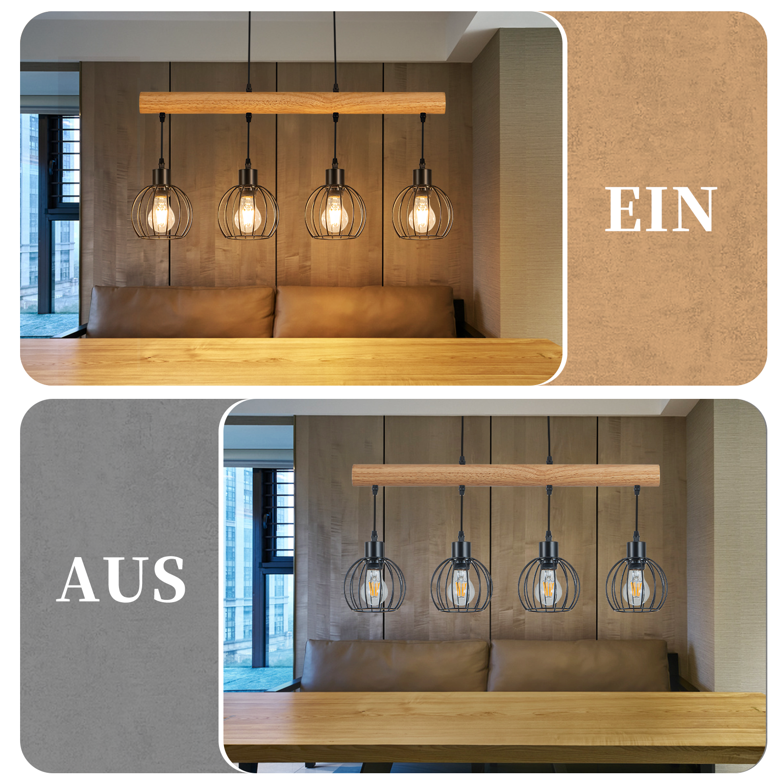 Lampa wisząca z drewnianą belką i trzema lampami klatkowymi nad stołem.