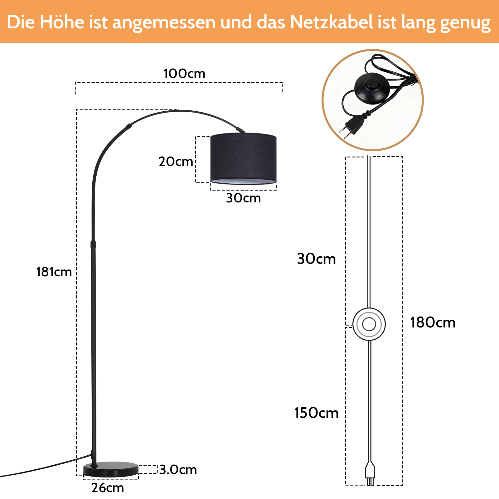 Plano de una lámpara de arco negra con dimensiones de altura, anchura y cable.