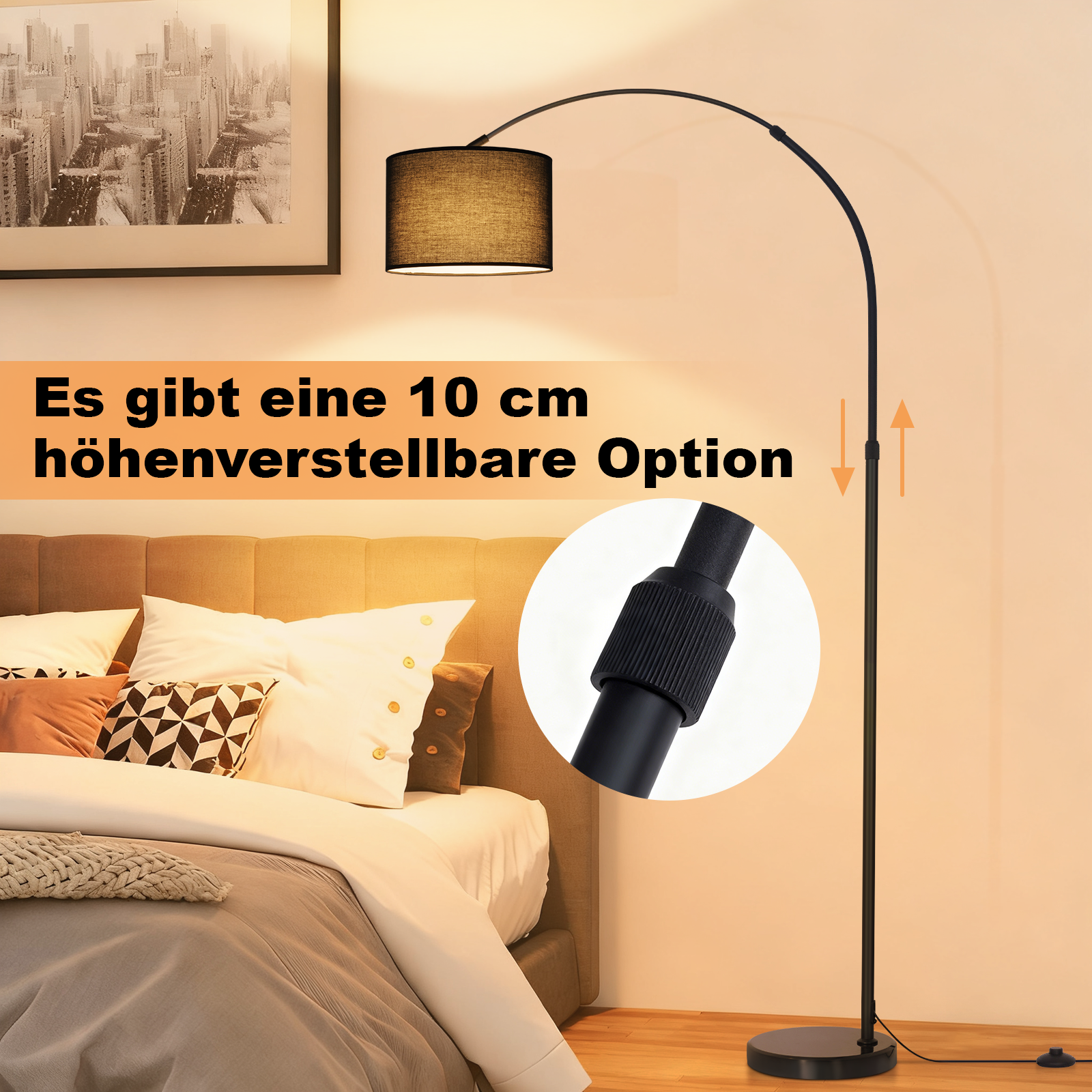 Una lámpara de pie arqueada negra junto a una cama con almohadas. Ajuste de altura.