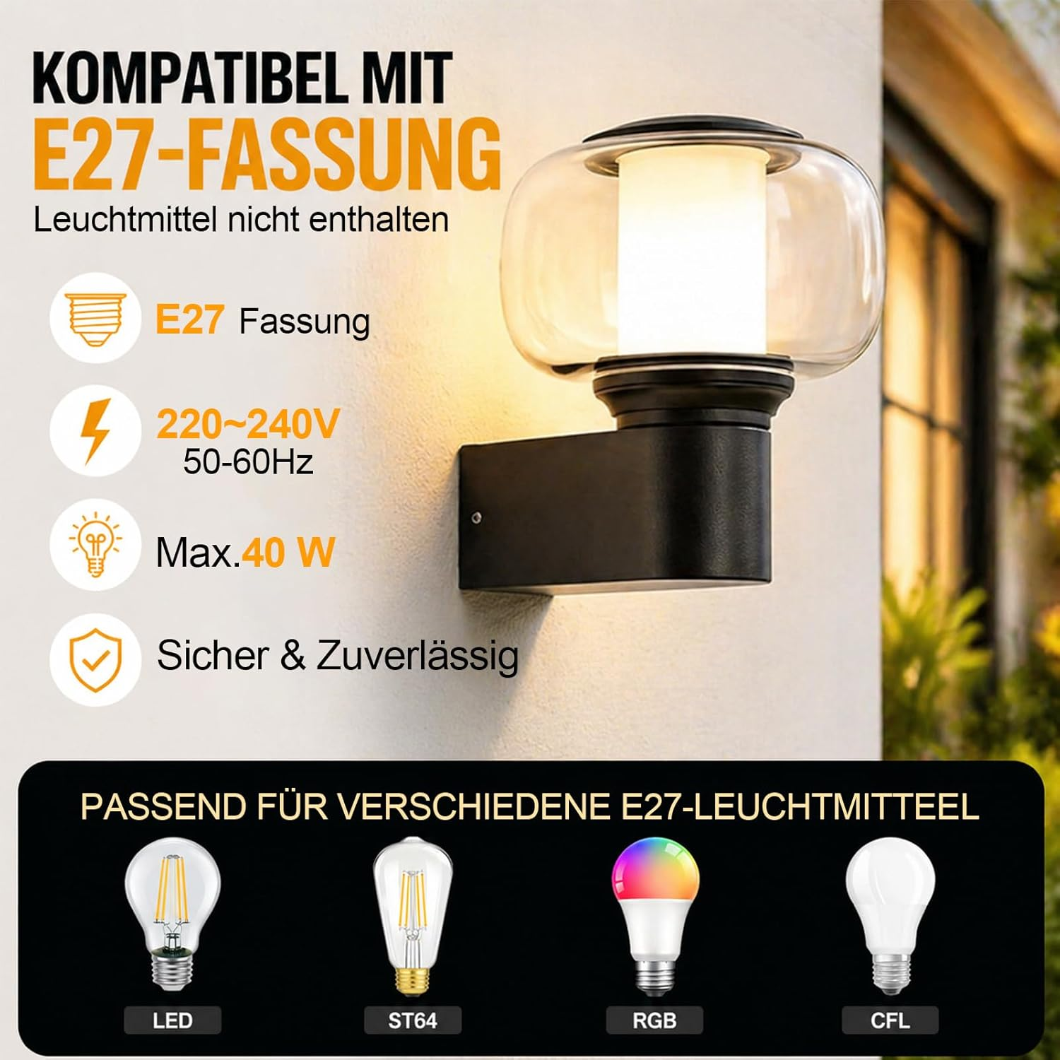 Eine Wandleuchte mit klarem Glas und schwarzem Sockel. Kompatibel mit E27, 220-240V, max. 40W.