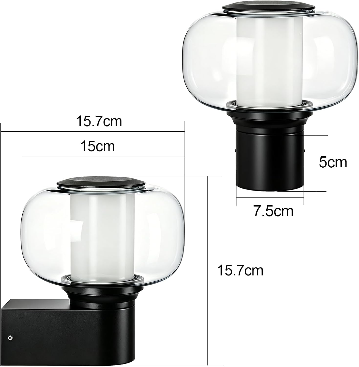 Schwarze Wandleuchte mit Glaszylinder und Maßen.