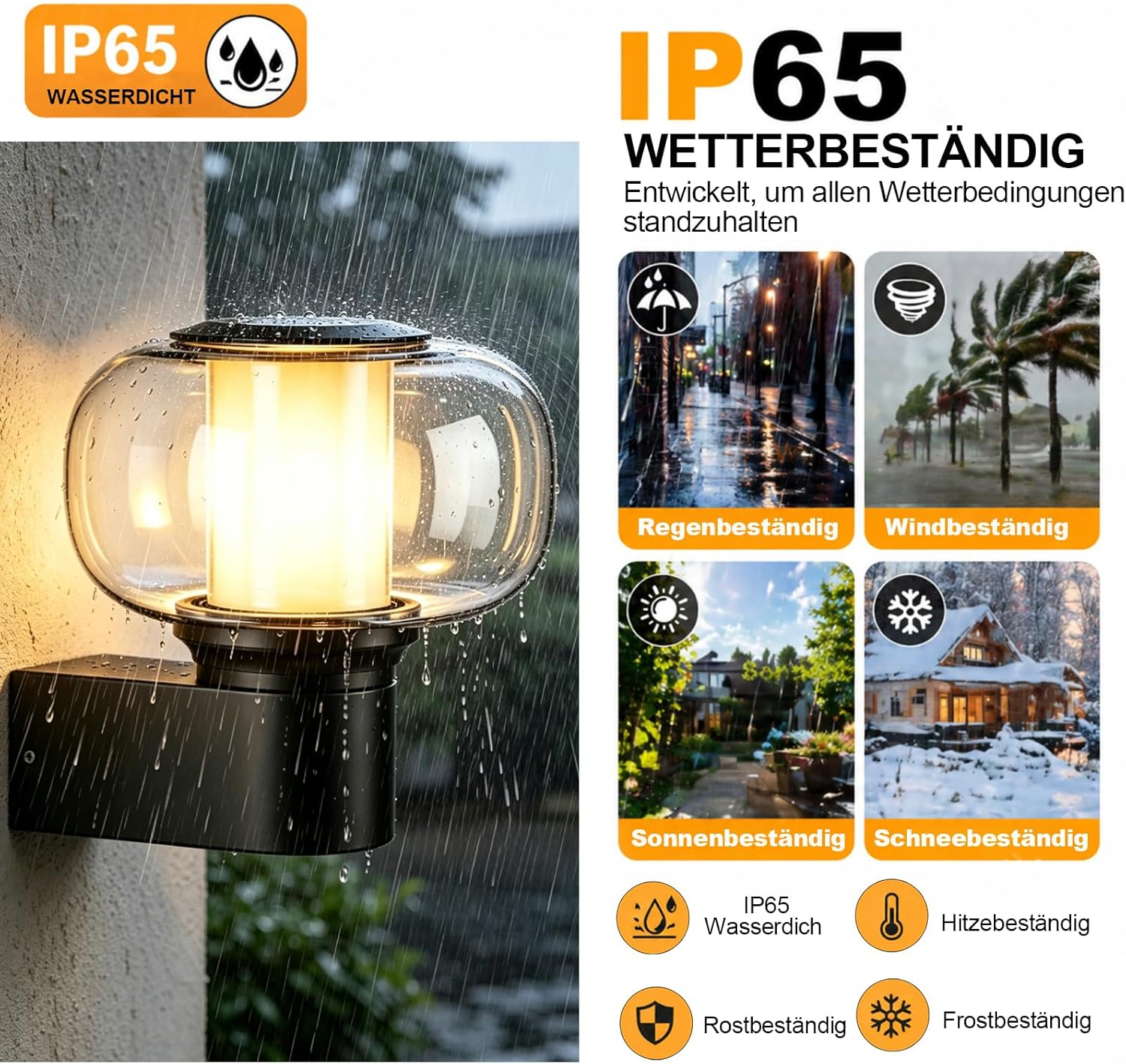 IP65 Wandleuchte im Regen, wetterfest für alle Bedingungen.