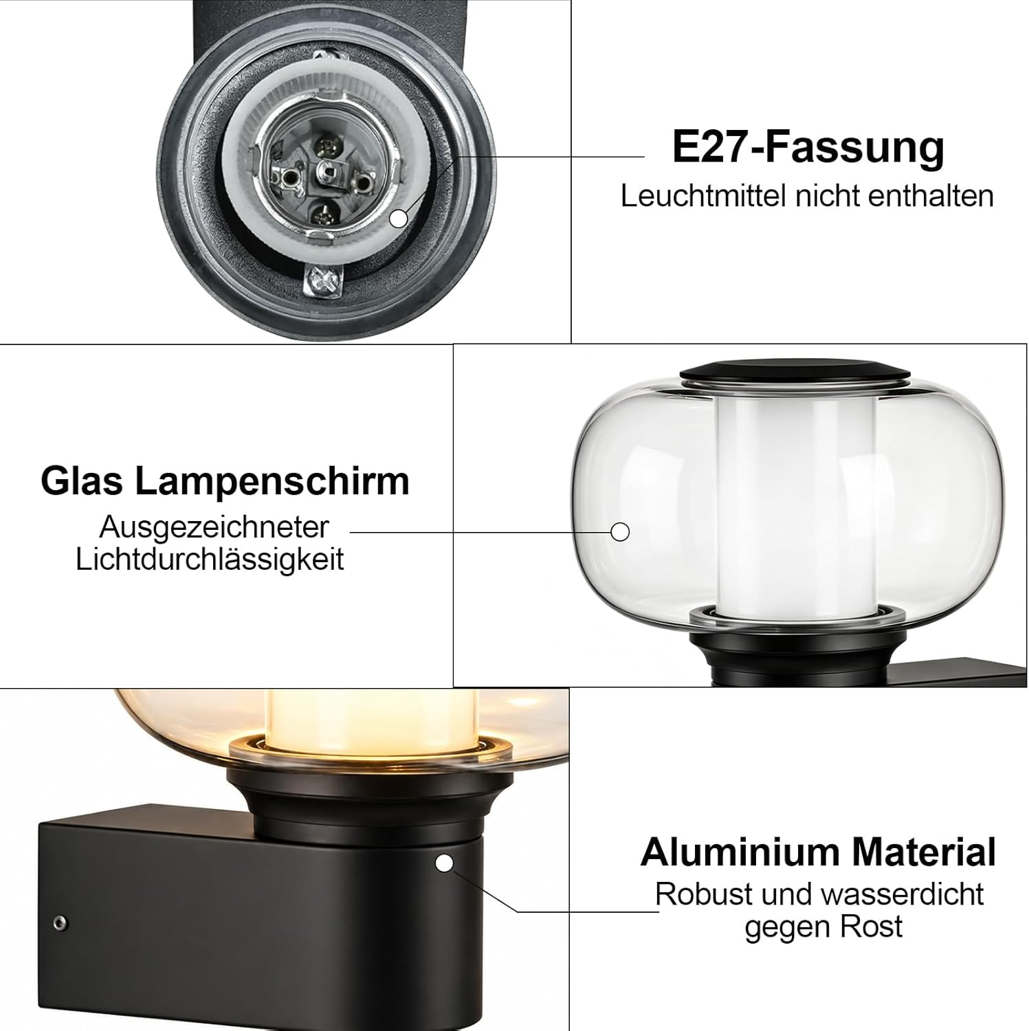 Nahaufnahme einer Wandleuchte mit E27-Fassung, Glaslampenschirm und Aluminiummaterial.