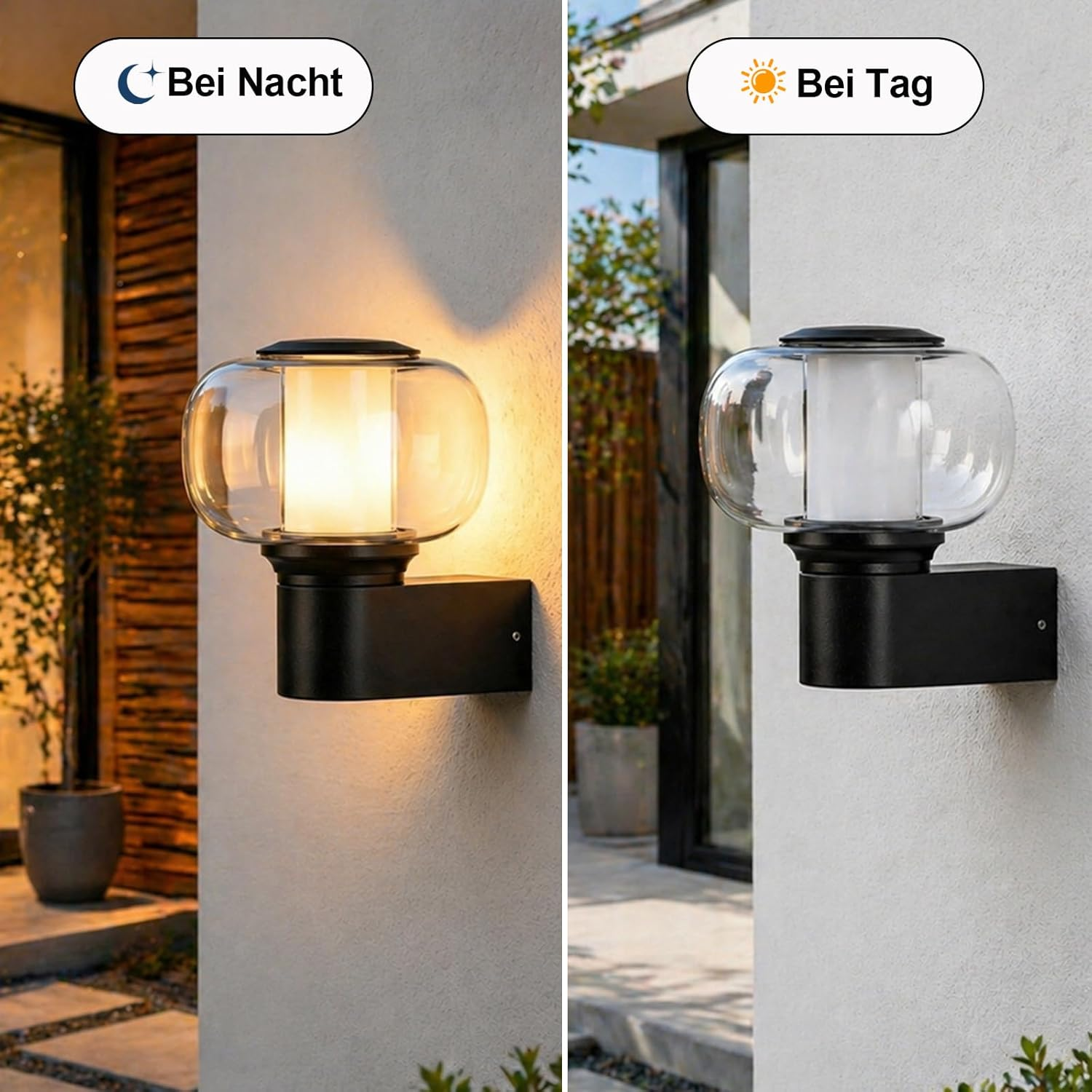 Eine Wandleuchte bei Nacht und Tag, mit Glas und schwarzem Sockel.