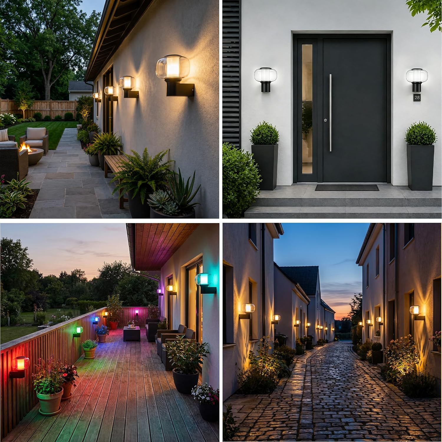 Vier Bilder von Außenwandleuchten. Oben links: eine Terrasse mit Feuerstelle. Oben rechts: eine Haustür. Unten links: eine Terrasse mit farbigen Lichtern.
