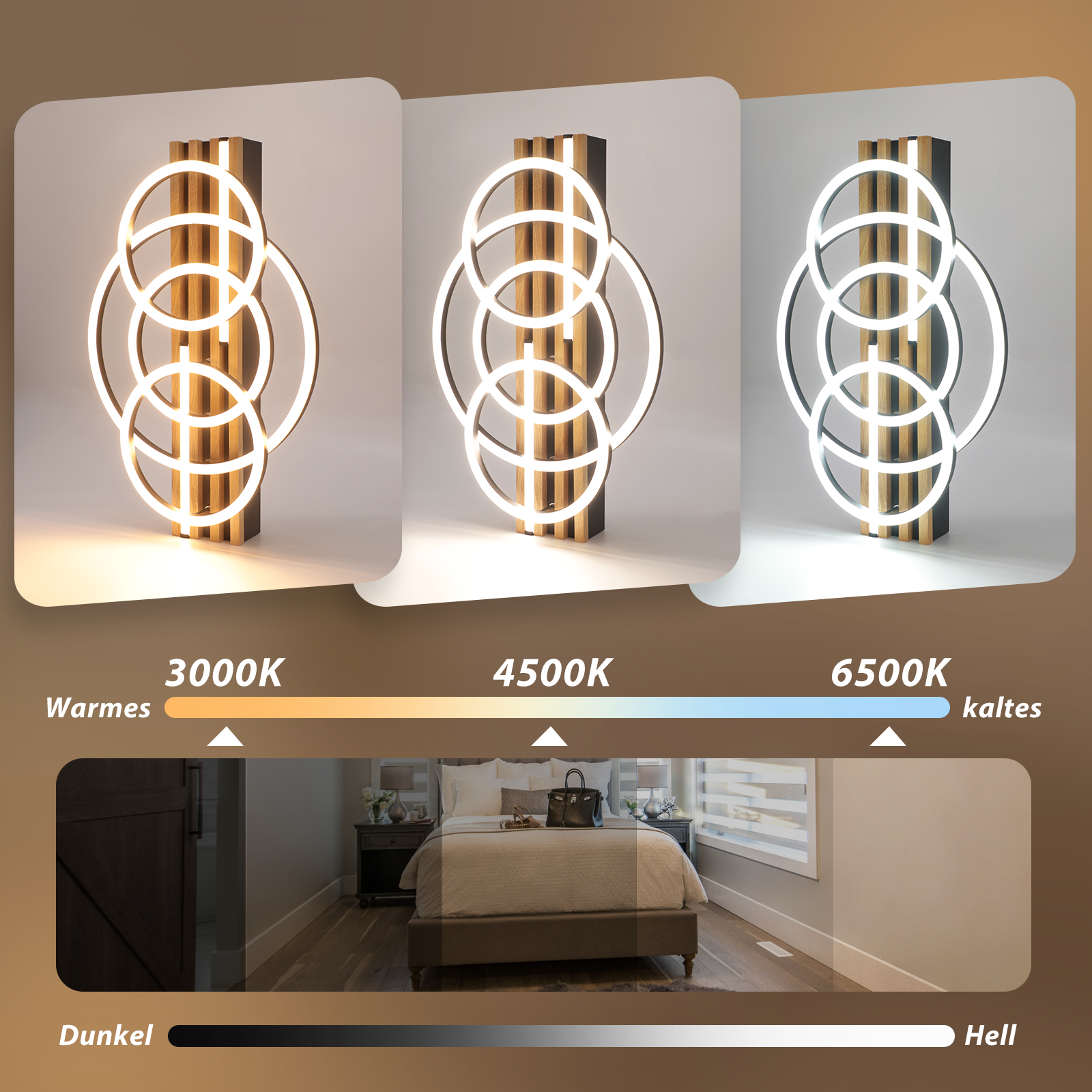 Ein moderner Stehleuchte mit Holz und Kreisen in 3 Lichtfarben.