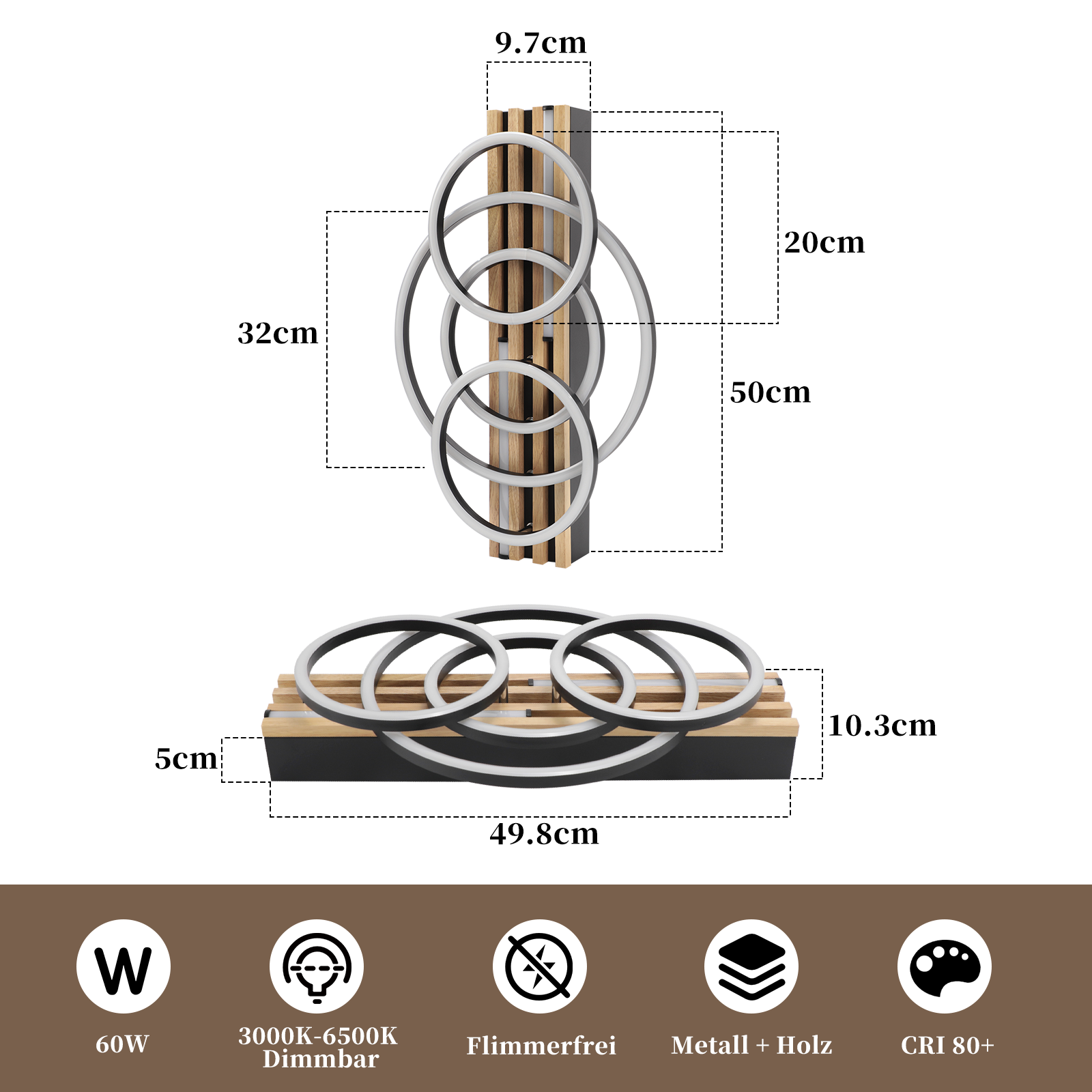 Moderne Wandleuchte mit Holzstreifen und kreisförmigen Ringen. Abmessungen angegeben.