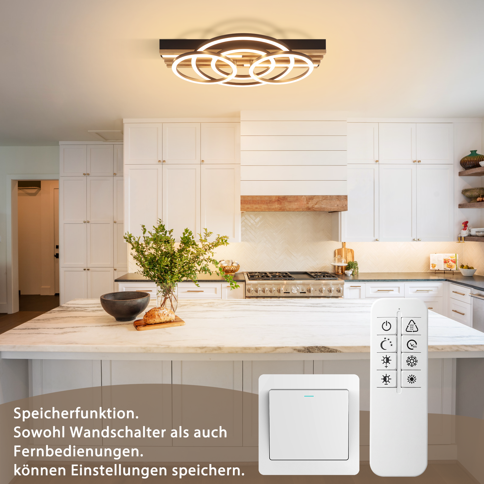 Moderne Küche mit Deckenleuchte, Kochinsel und Fernbedienung.
