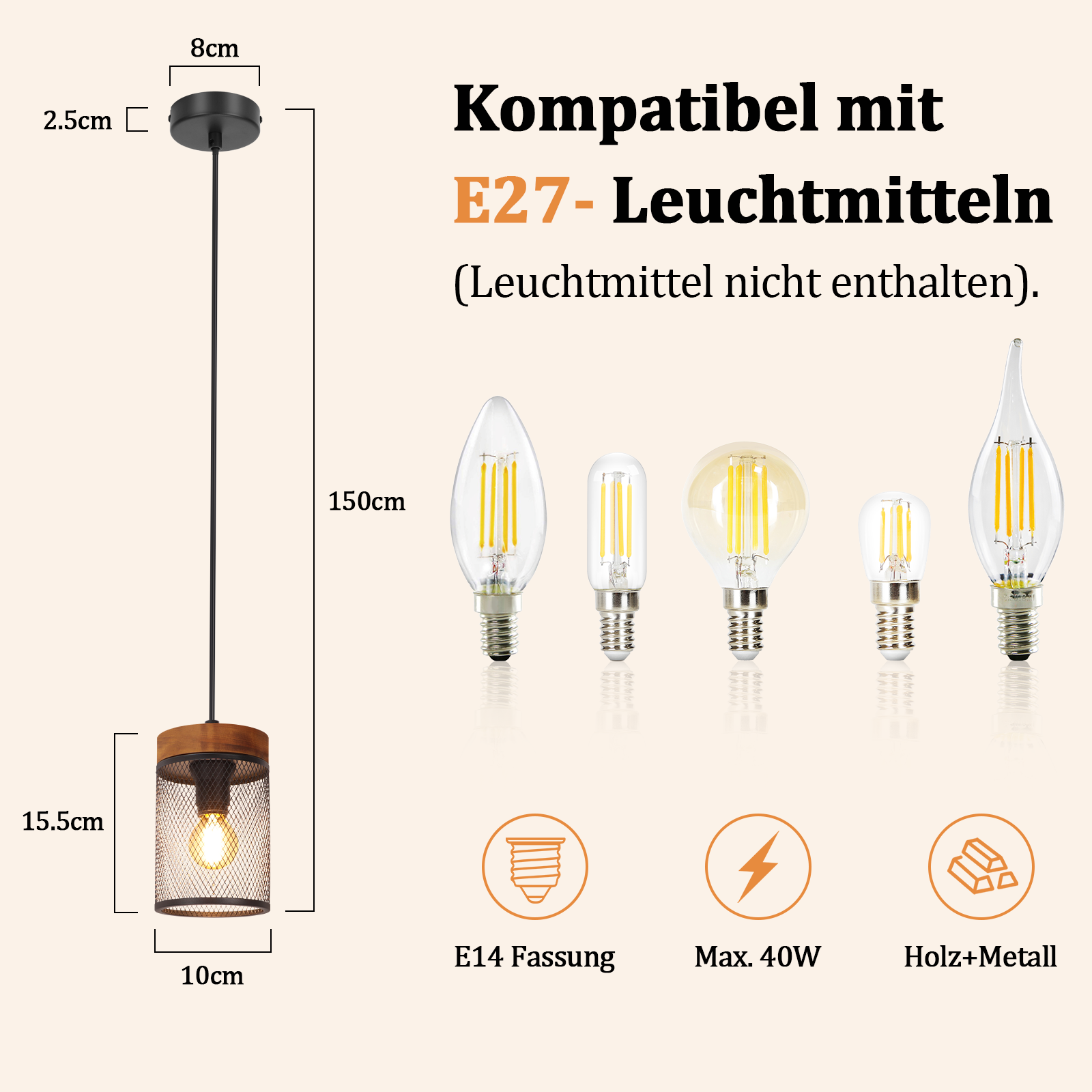 Hängeleuchte mit Holz- und Metalldetails, kompatibel mit E27-Lampen.