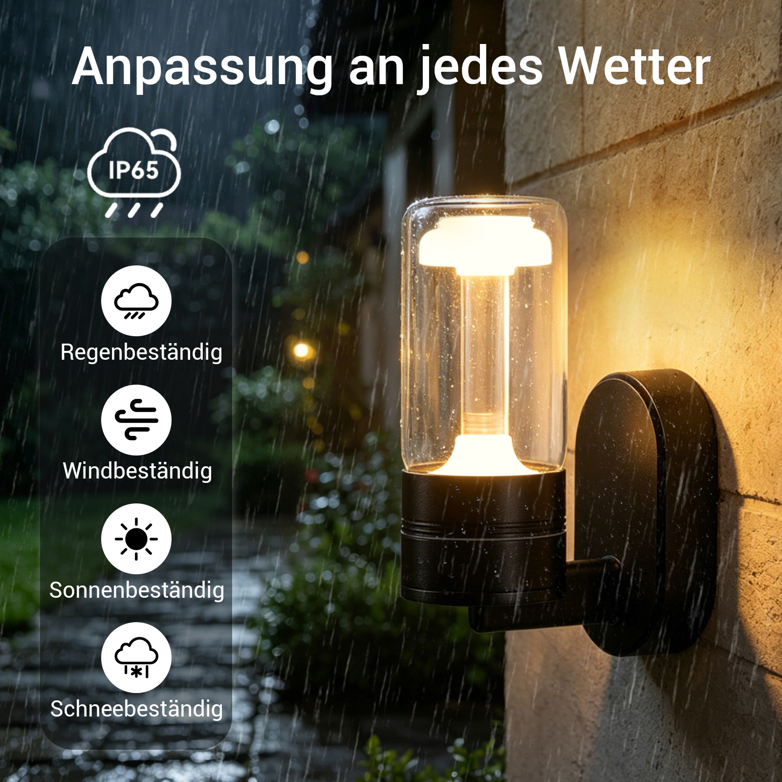 Eine Außenleuchte mit IP65-Schutz wird im Regen gezeigt, beständig gegen Regen, Wind, Sonne und Schnee.