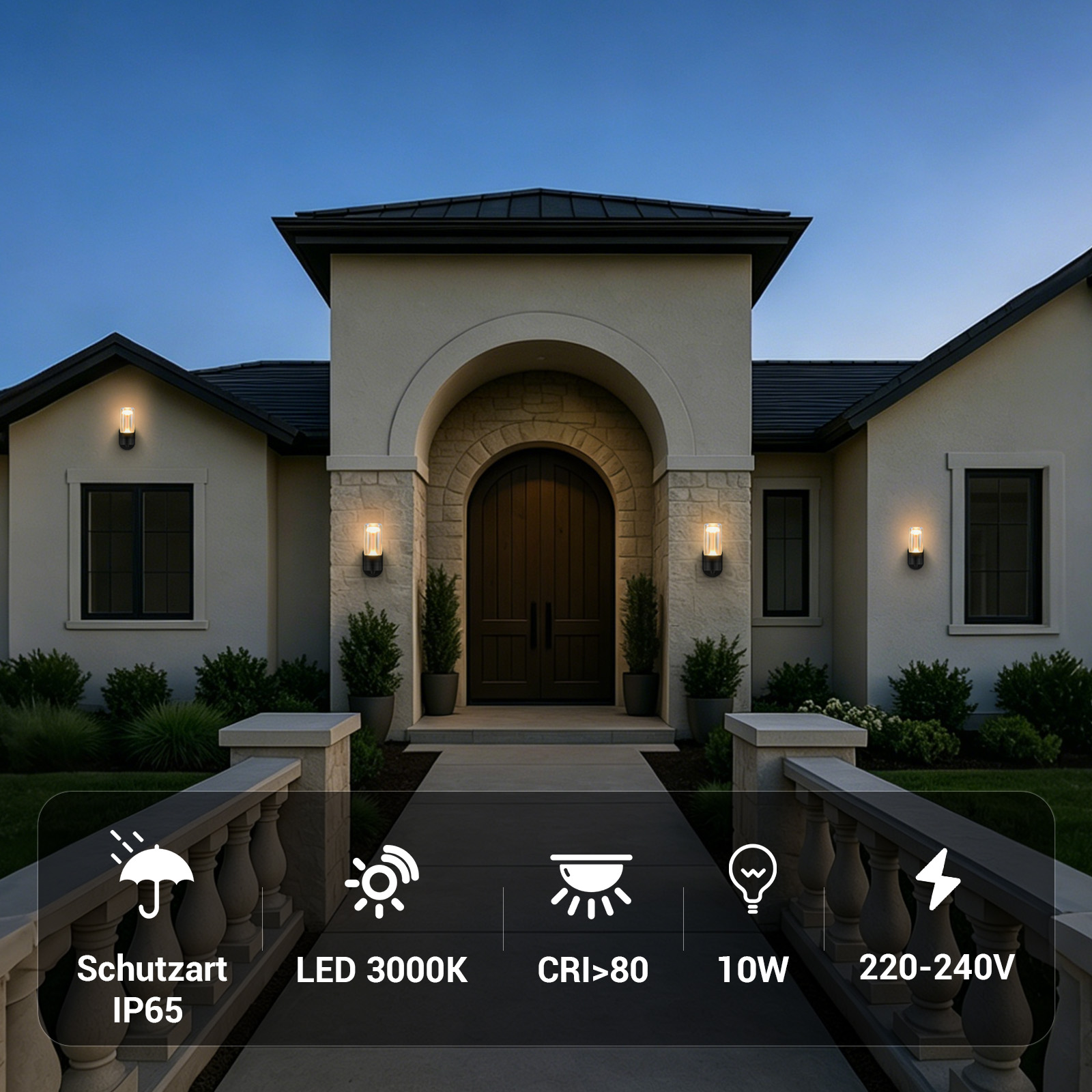 Modernes Haus mit Torbogen und Auçenleuchten. LED 3000K, 10W.