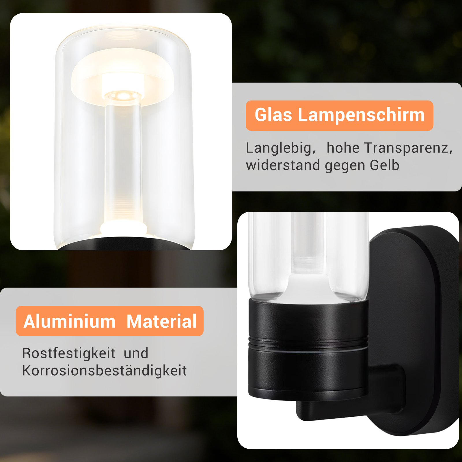 Moderne Außenleuchte mit Glaszylinder und schwarzem Aluminiumfuß.