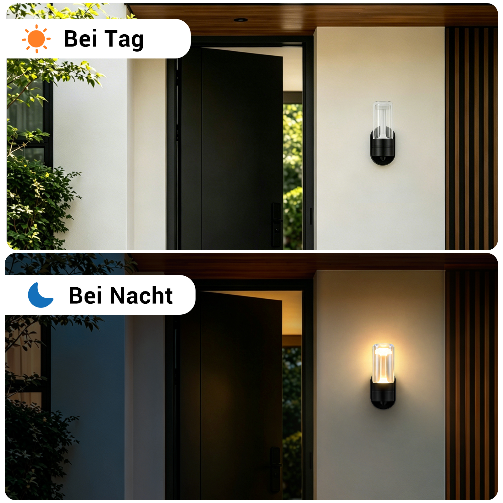 Oben: Tür offen bei Tag. Unten: Tür offen bei Nacht mit Licht.