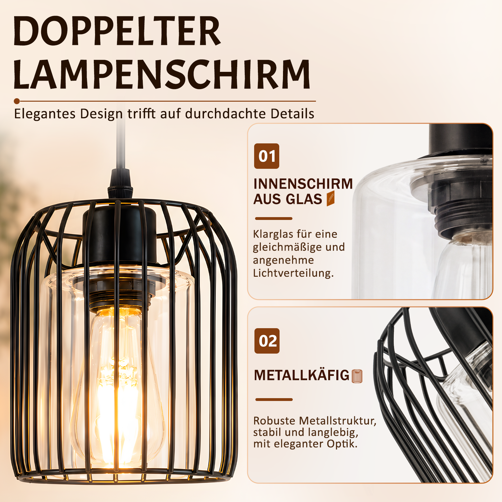 Hängelampe mit schwarzem Metallkäfig und Glaseinsatz. Innen eine Glühbirne.