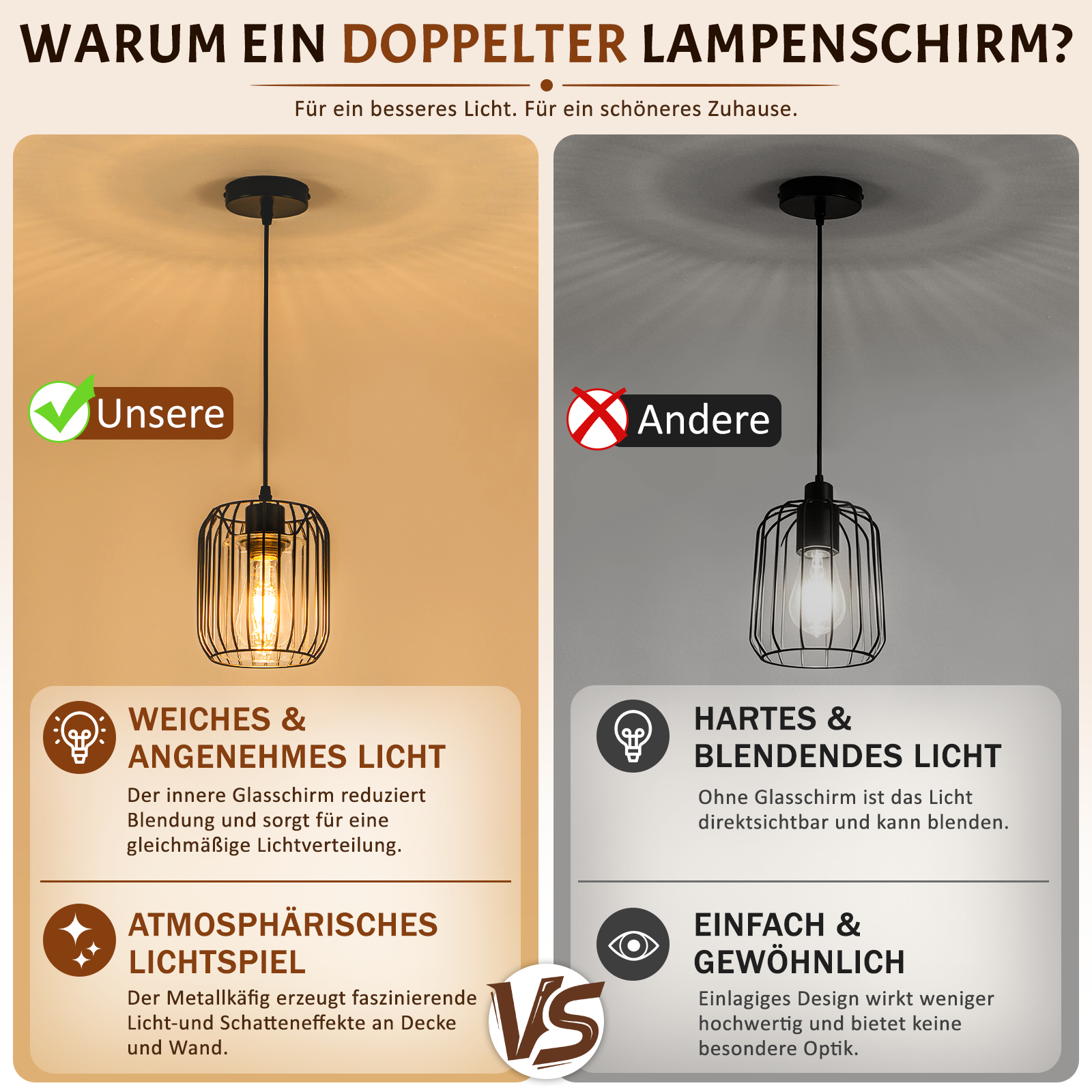 Vergleich von Lampenschirmen: weich vs. hart, atmosphärisch vs. gewöhnlich.