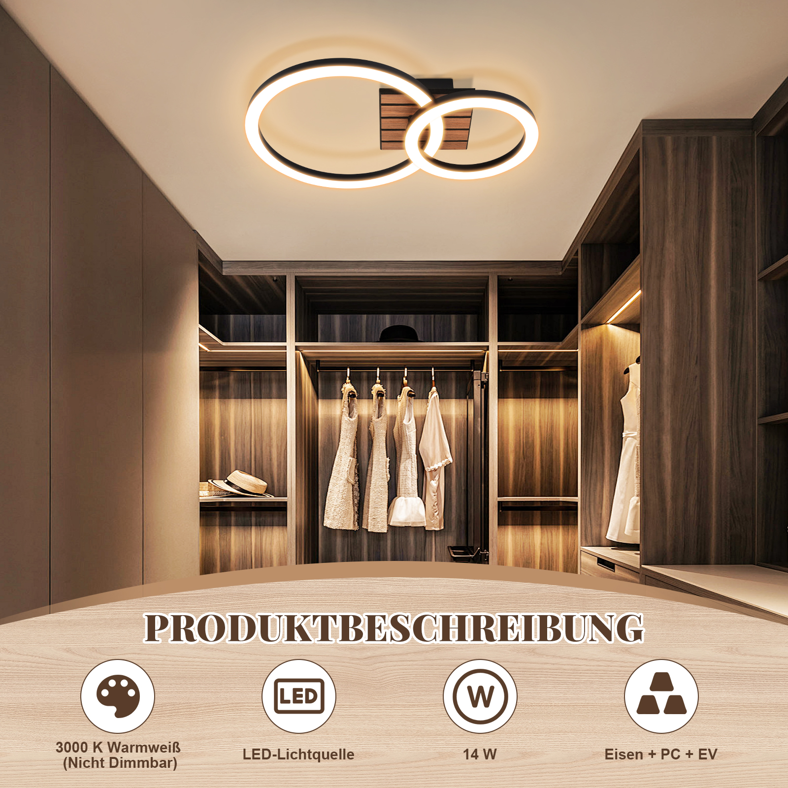 Moderne Deckenleuchte mit zwei Ringen in einem begehbaren Kleiderschrank.