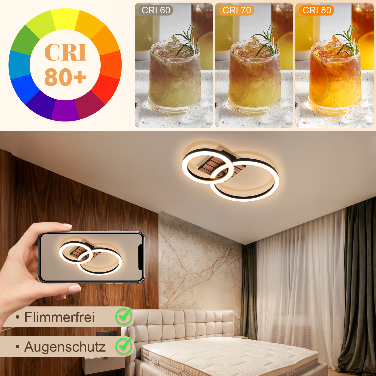 Farbkreis, drei Getränke, Deckenleuchte im Schlafzimmer, Handy zeigt Leuchte, flimmerfrei.
