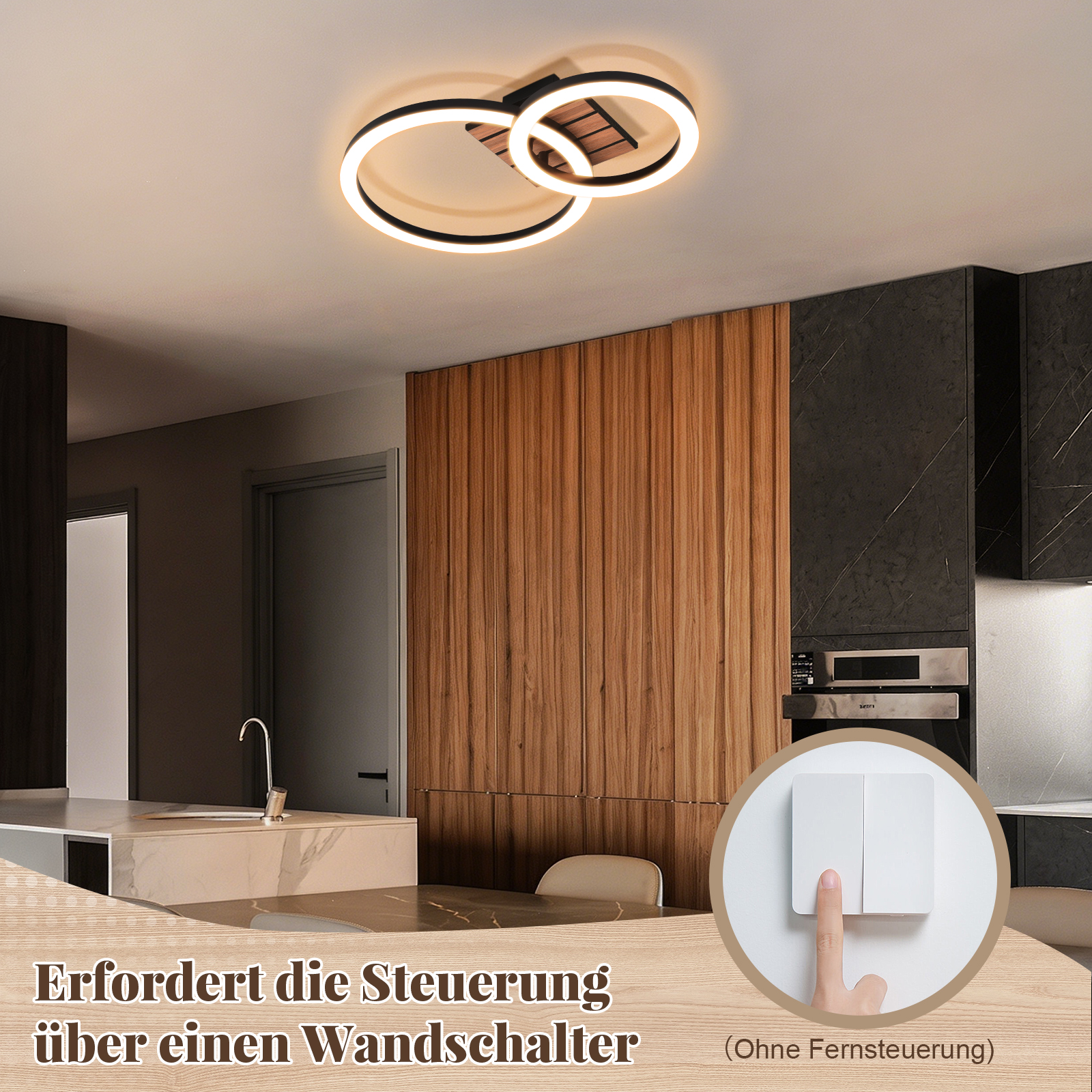 Moderne Deckenleuchte mit zwei Ringen über einer Küchenzeile mit Holzakzenten und Schalter.