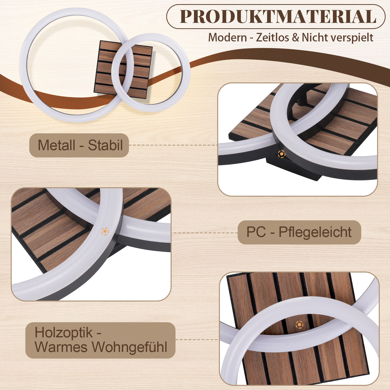 Moderne Leuchte mit Holzoptik, Metallrahmen und LED-Ringen.