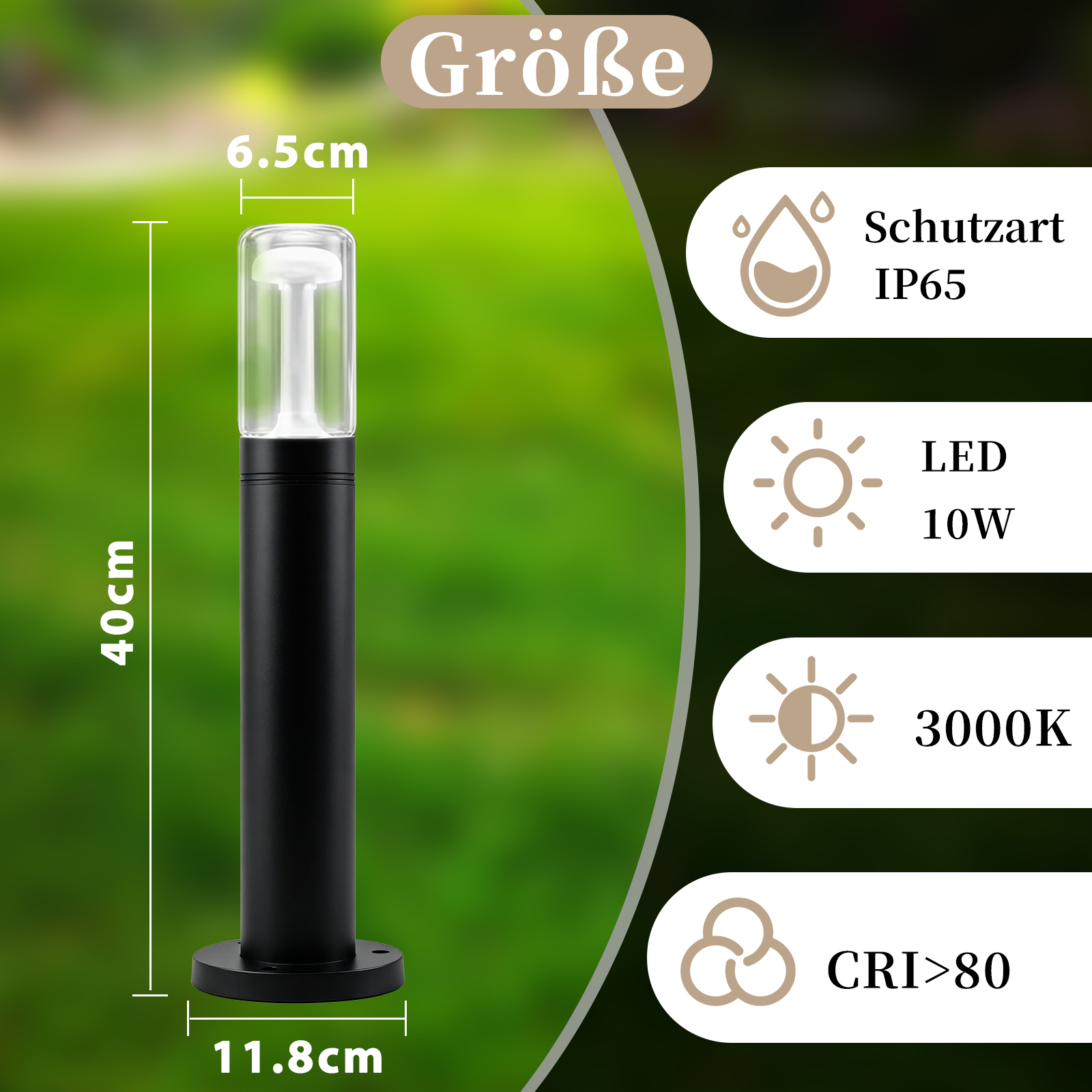 Lámpara exterior negra, 40cm alto, IP65, LED 10W, 3000K, CRI<gt/>80.
