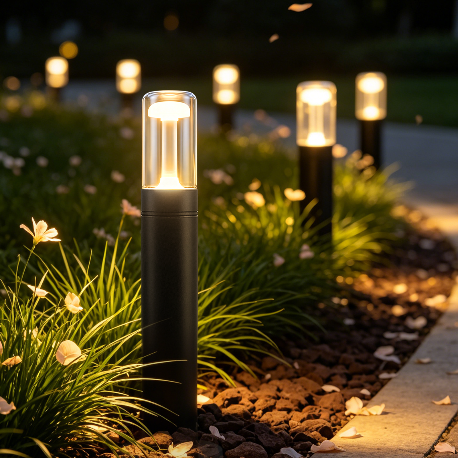 Modernas luces exteriores iluminan un camino de jardín con flores y hierba por la noche.