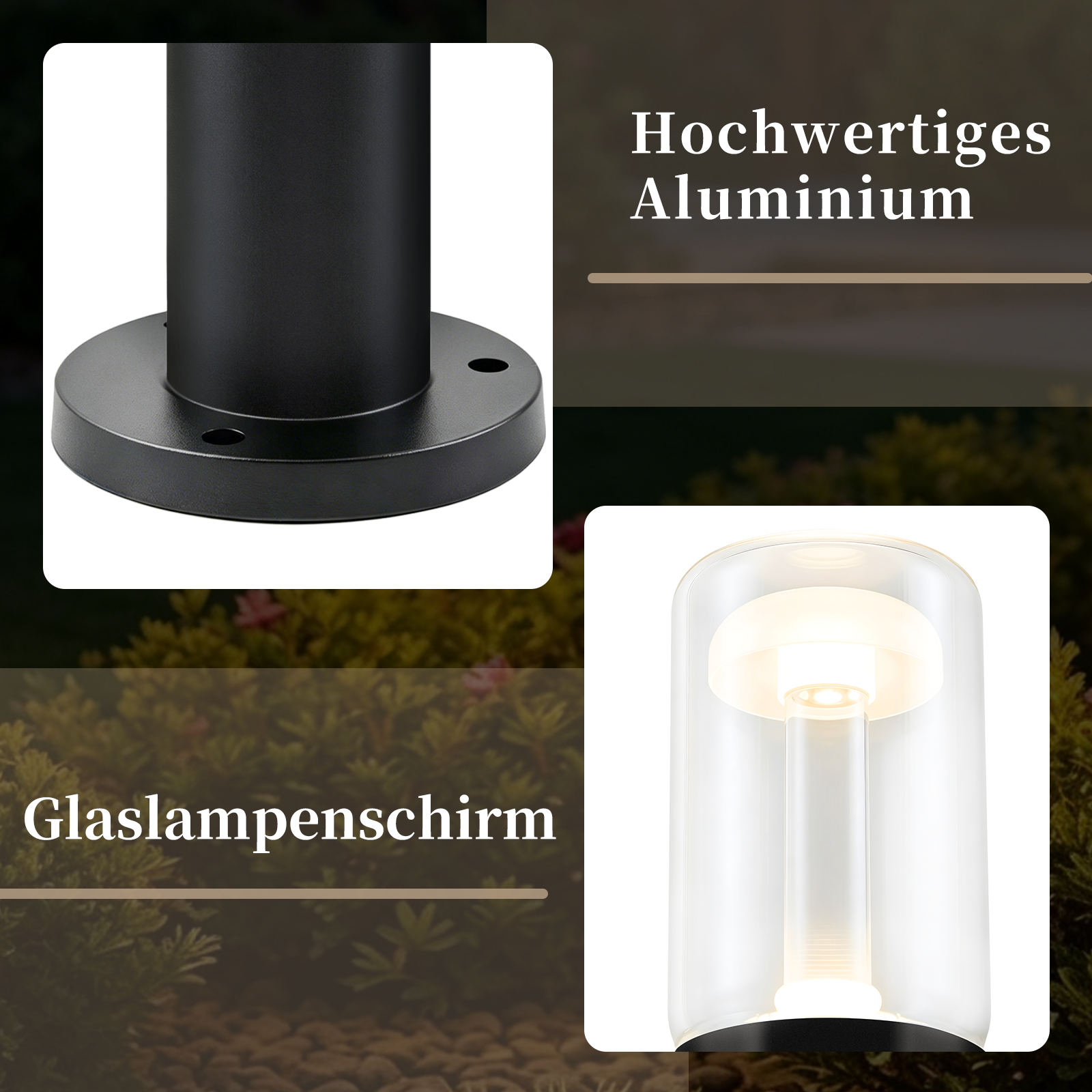 Base de poste negra de aluminio y pantalla de lámpara de vidrio con luz LED.