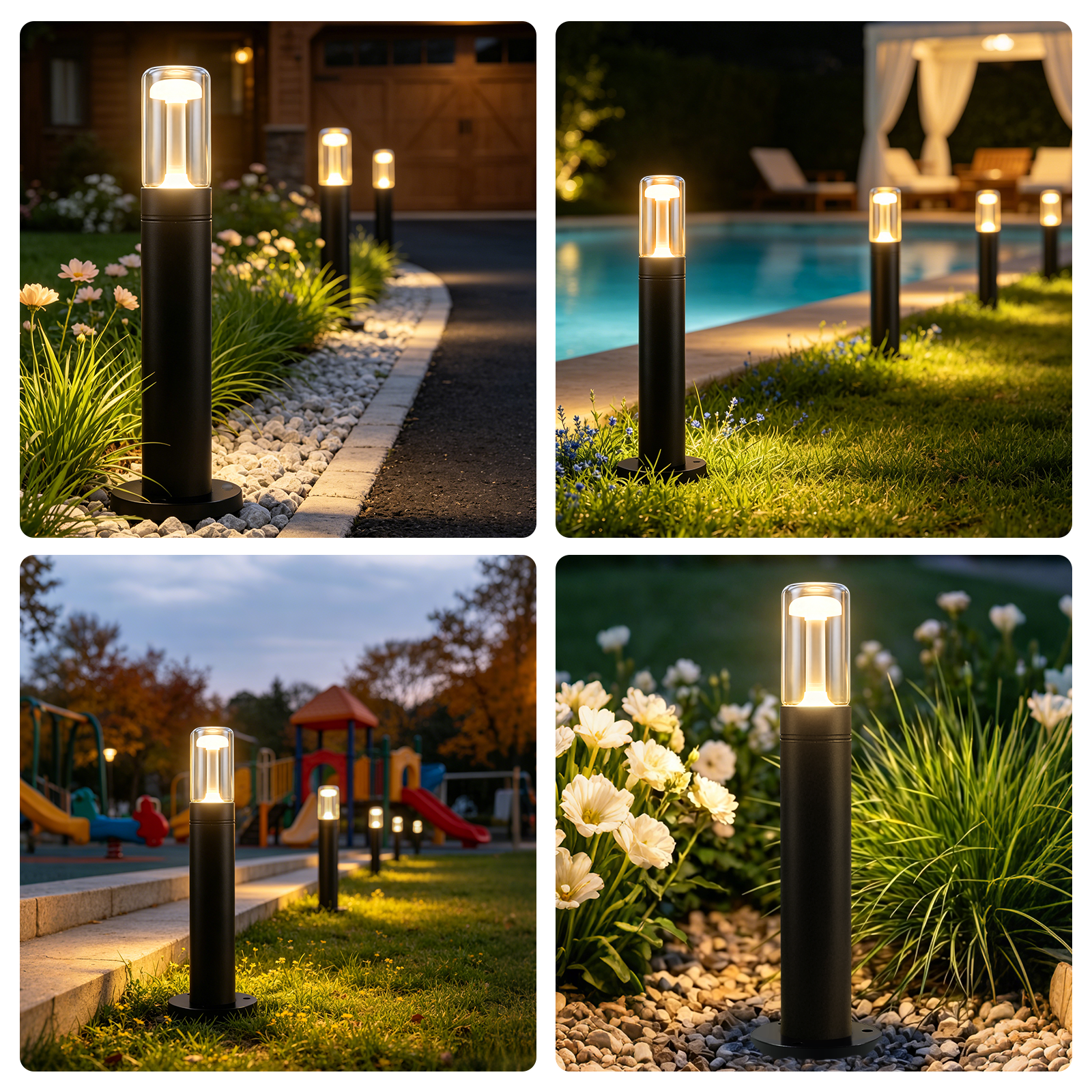 Cuatro luces de camino iluminan un sendero de jardín, área de piscina y patio de recreo.