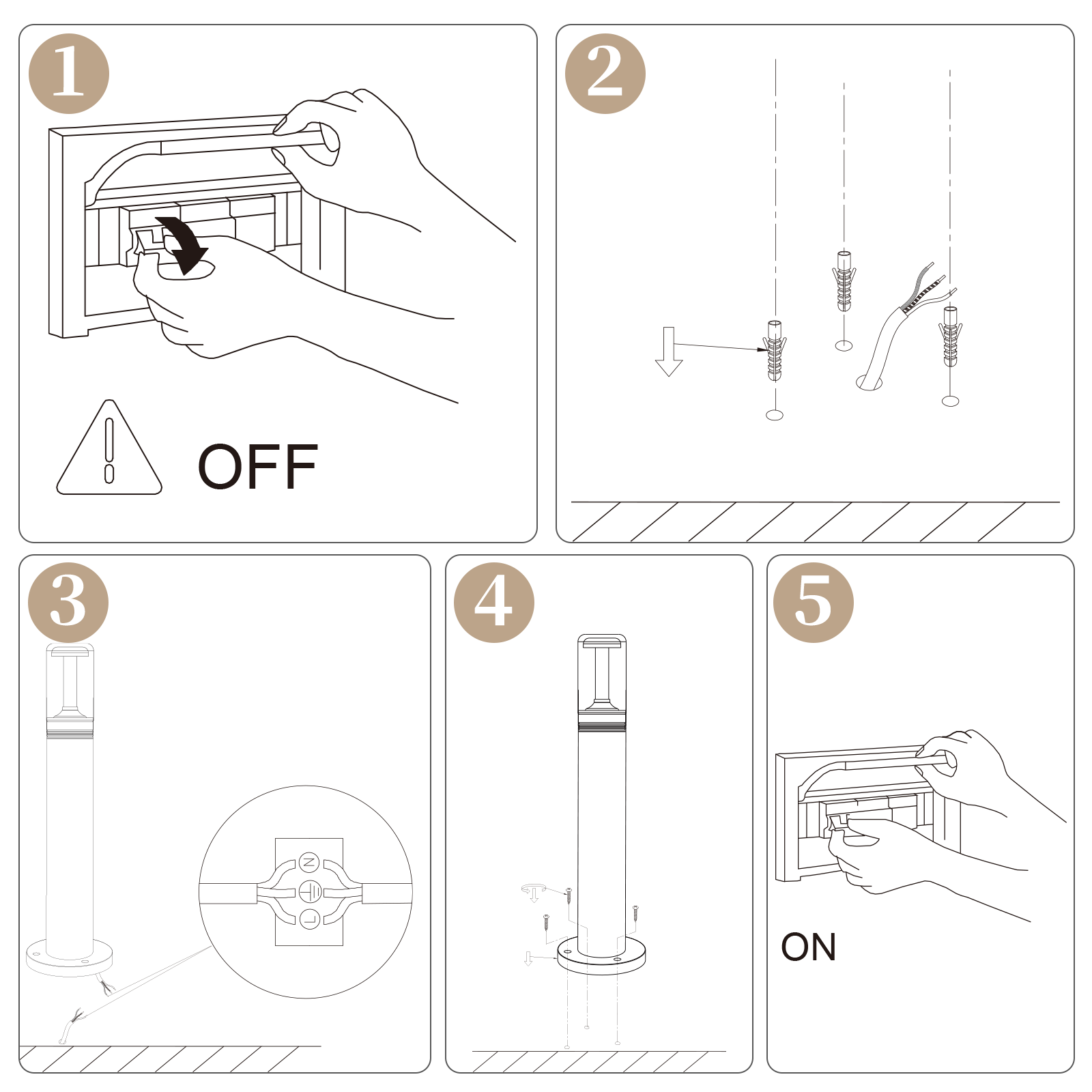 Paso 1: Poner el interruptor en OFF. Paso 2: Insertar tacos. Paso 3: Conectar cables lámpara. Paso 4: Montar lámpara. Paso 5: Poner el interruptor en ON.