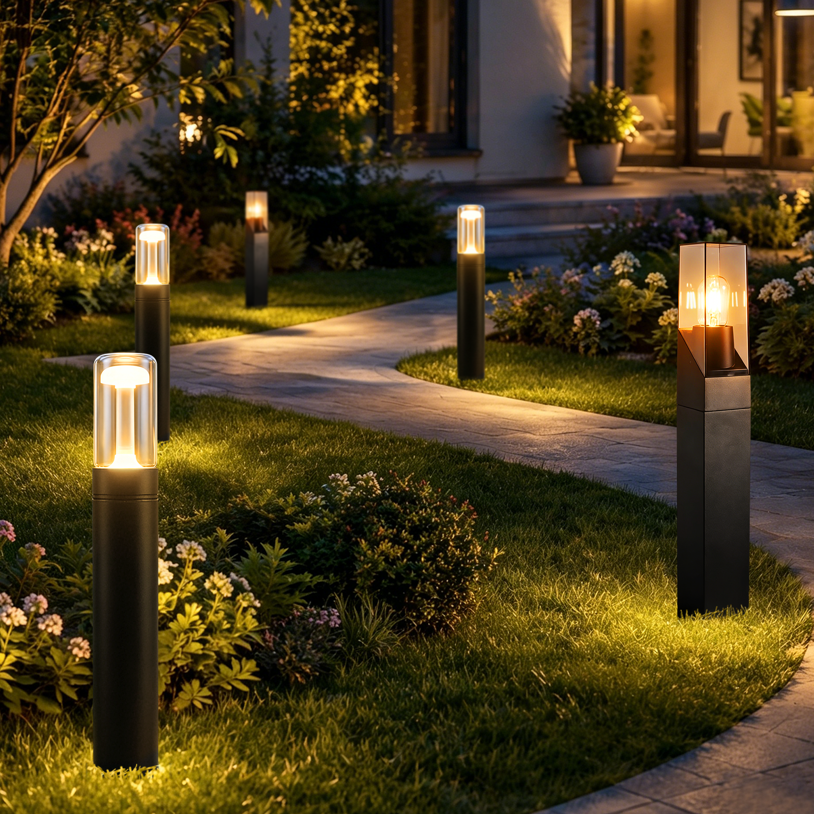 Sendero de jardín con lámparas modernas iluminadas por la noche.