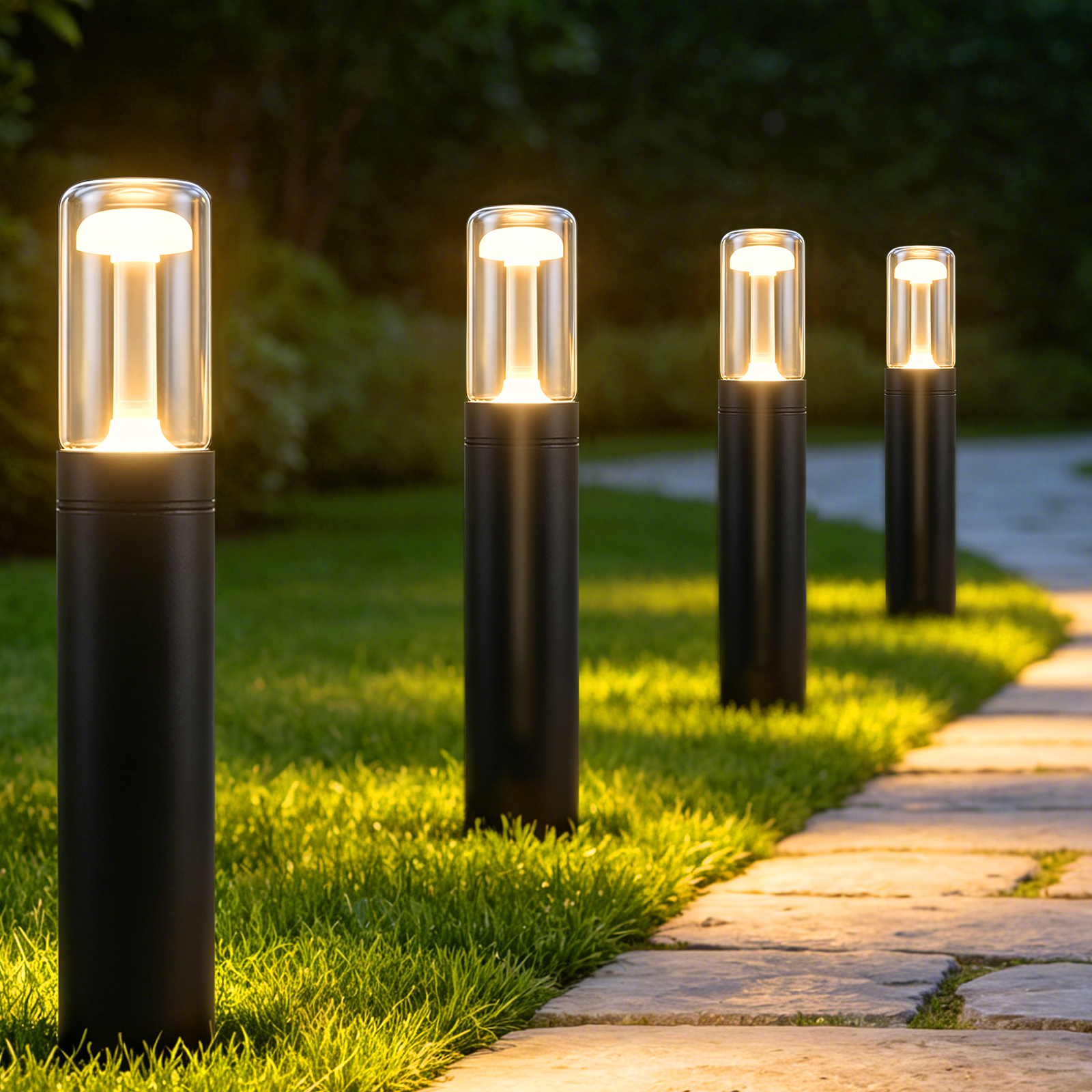 Cuatro luces de jardín negras modernas iluminan un camino de piedra en el césped.