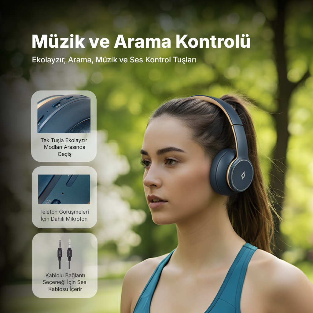 Müzik ve arama kontrollerini gösteren kulaklıklı kadın.