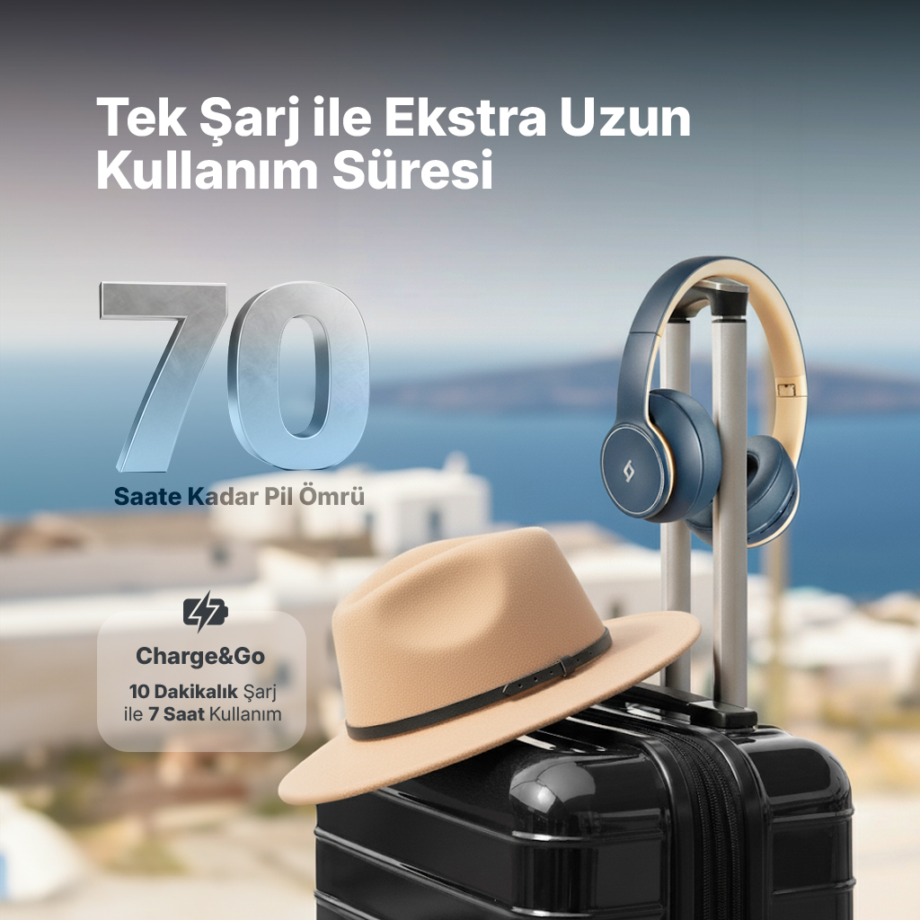 Siyah bavul üzerinde kulaklık ve şapka, manzaralı arka plan. 70 saat pil.