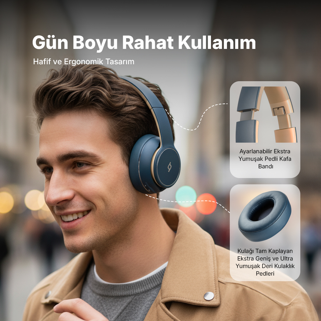 Erkek, mavi kulaklık ve kahverengi ceket giyiyor, detaylar yakın çekim.