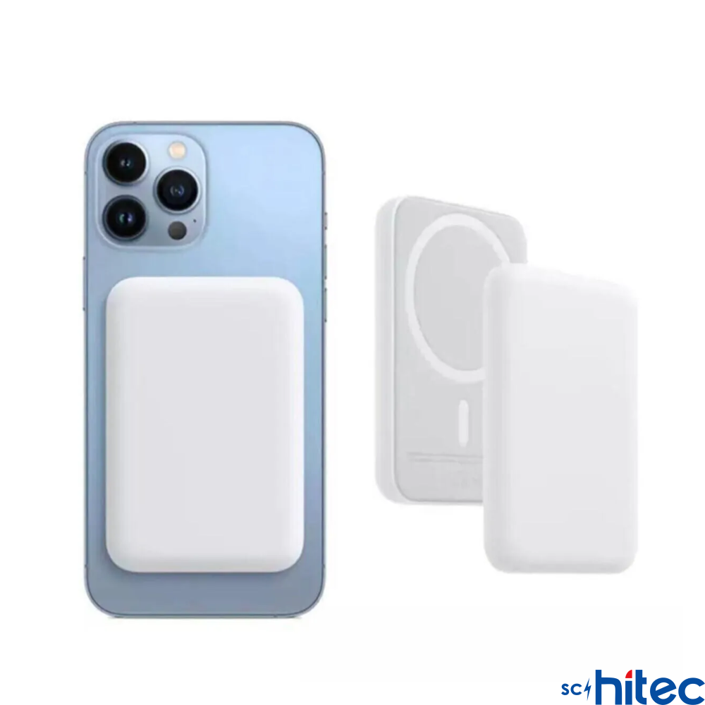 Beyaz MagSafe şarj cihazlı mavi iPhone. Yanında başka bir şarj cihazı var.
