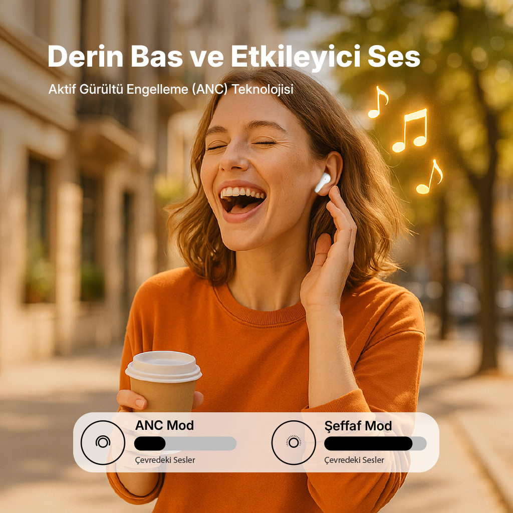 Kulaklıklı bir kadın ve kahve, müzik keyfi. ANC ve şeffaf mod gösteriliyor.