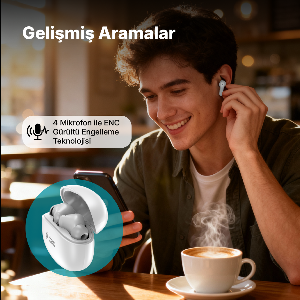Kulaklıklı ve akıllı telefonlu bir adam, buharlı kahvenin olduğu kafede.