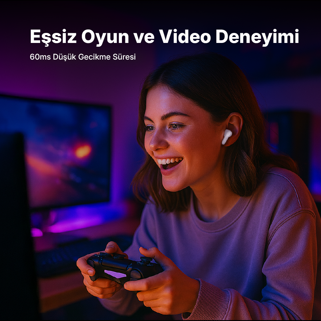 Kadın kulaklıkla ve kontrol cihazıyla oyun oynuyor, arkada ekran var.