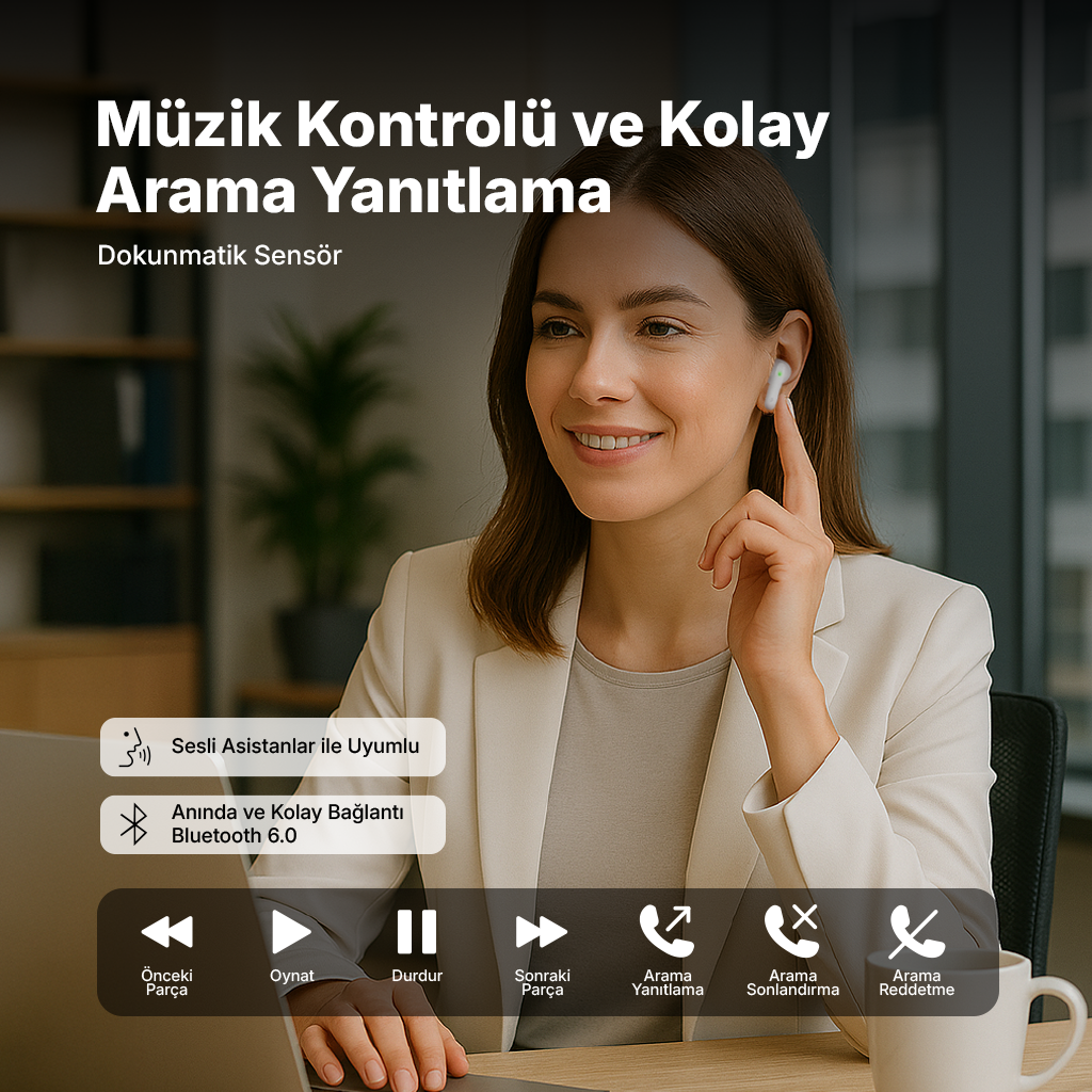 Kulaklıklı kadın kulağına dokunuyor; müzik ve arama kontrol simgeleri gösteriliyor.