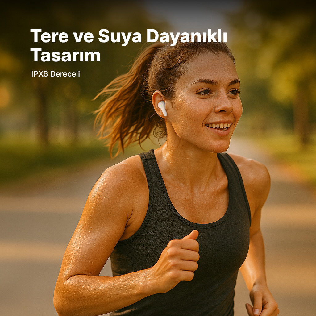Terleyen, beyaz kulaklık takmış bir kadın dışarıda koşuyor.